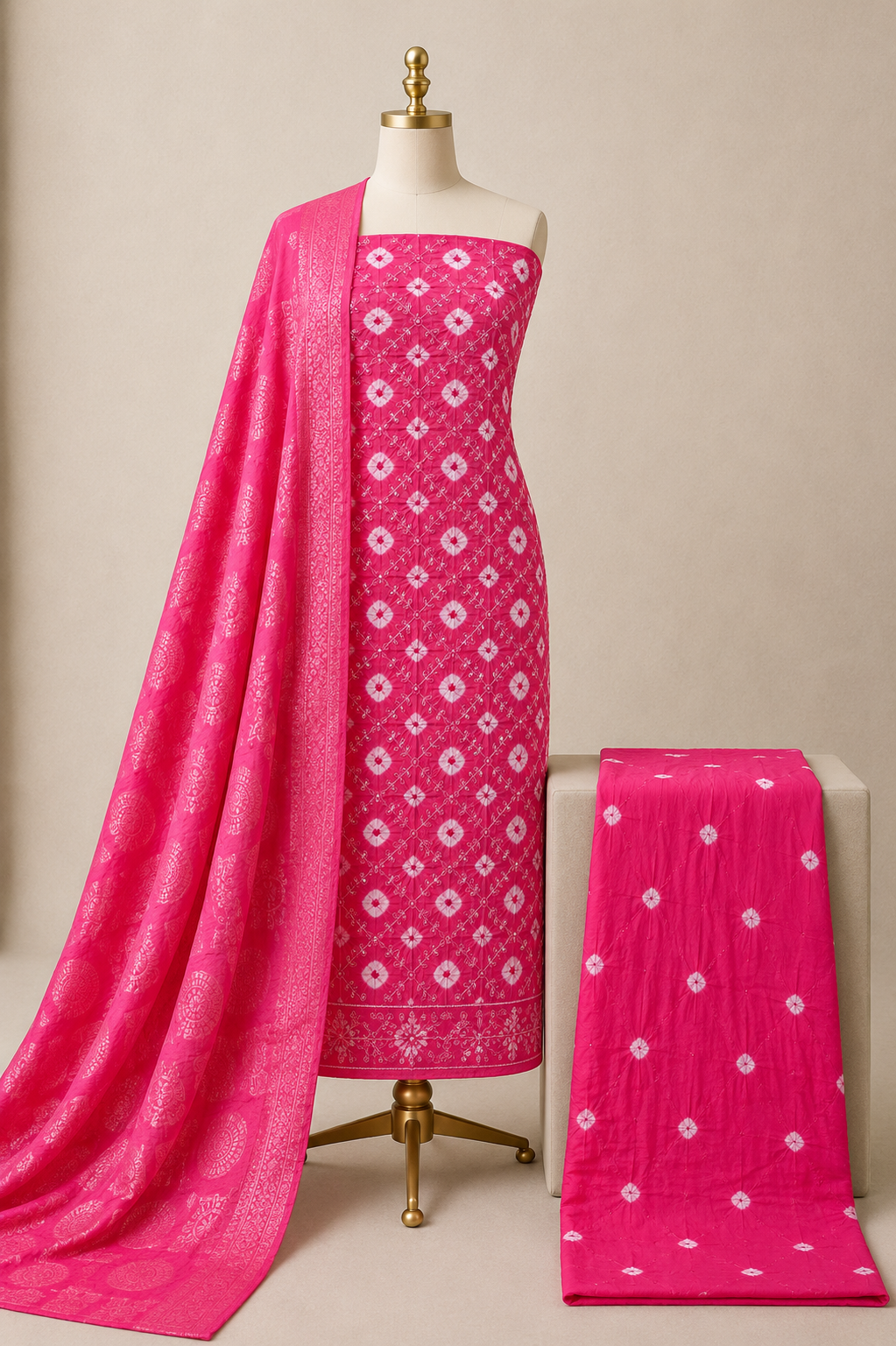 Cotton Satin Thread Work 3Pc Unstitched Bandhani Dress Material