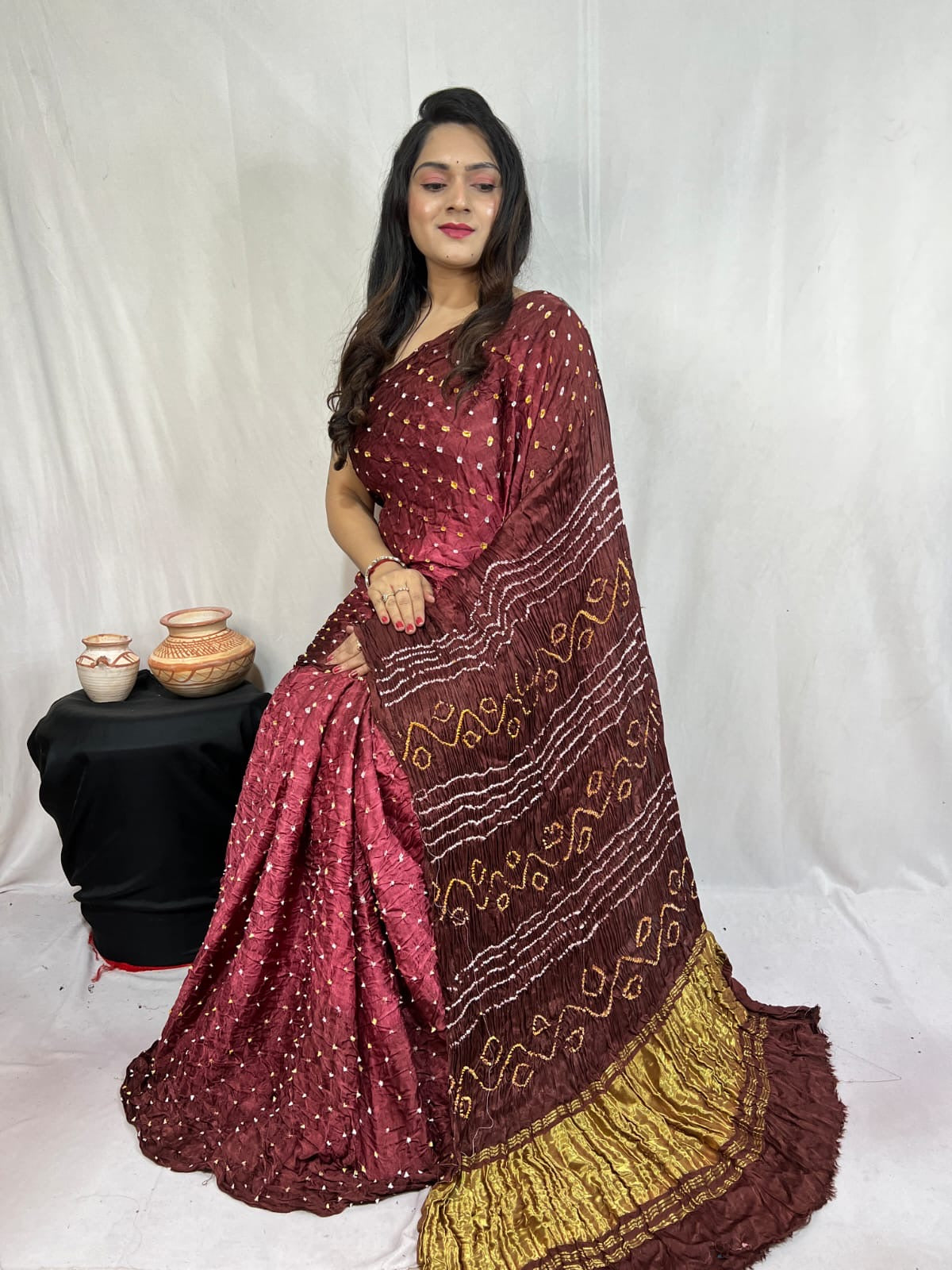 Pure Modal Silk Barik Bandhej work Bandhani Saree