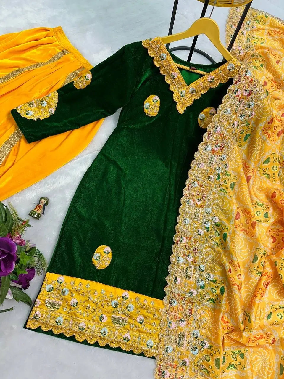 Daman Embroidery Work Winter Special Velvet Kurti Patiyala Pant Dupatta Set (Ready to Wear)