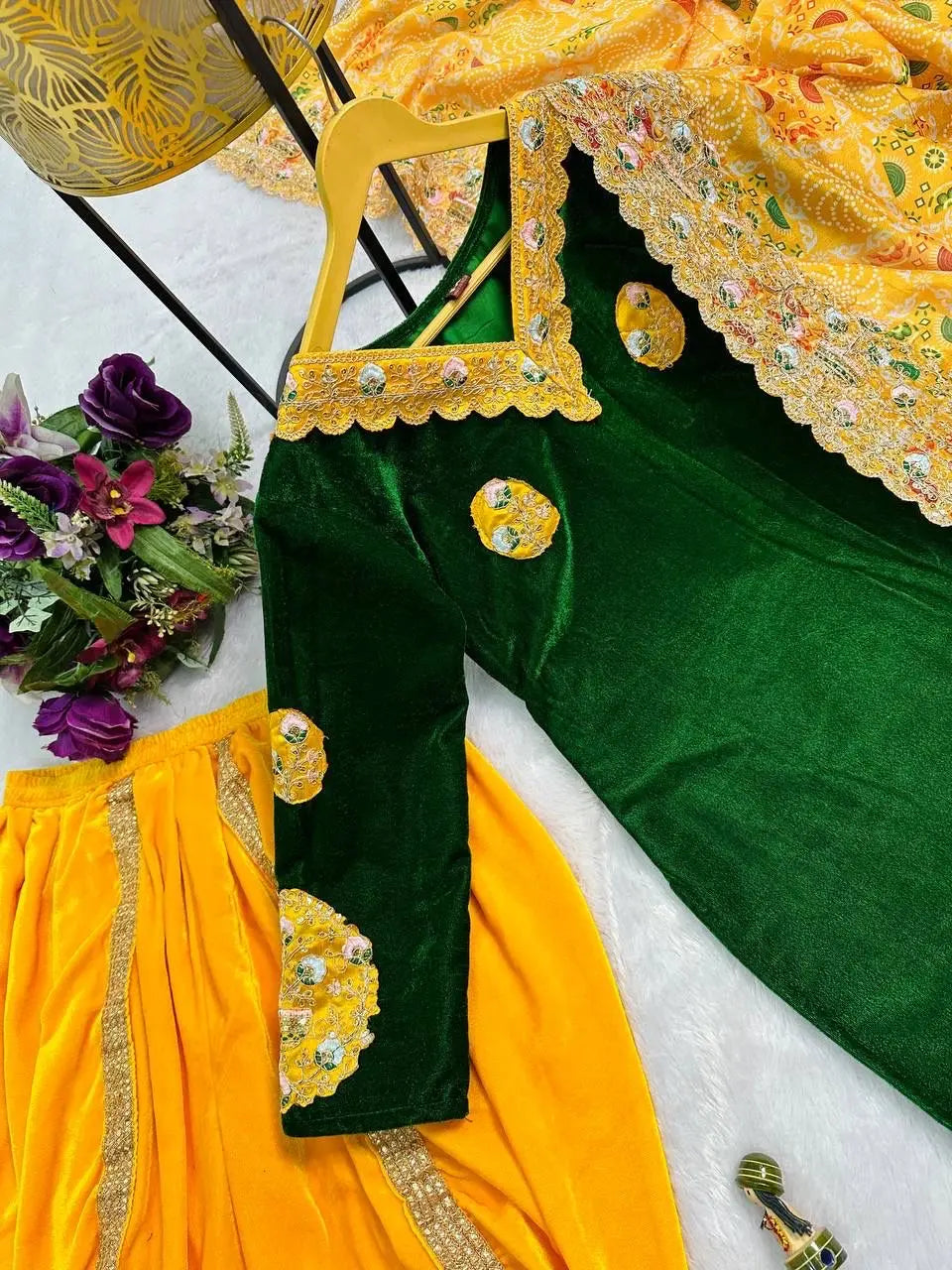 Daman Embroidery Work Winter Special Velvet Kurti Patiyala Pant Dupatta Set (Ready to Wear)