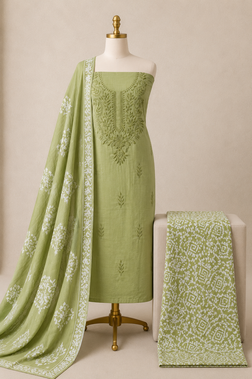 Soft Cotton Lakhnavi Thread Work 3Pc Unstitched Batik Dress Material