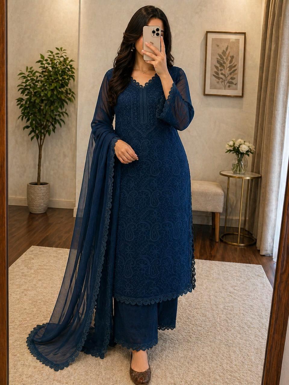 Faux Georgette Chikankari Kurti Palazzo Dupatta Set