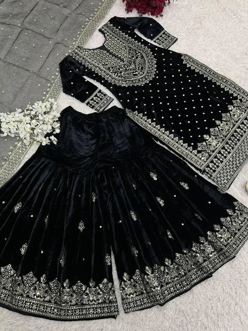 Ethenika Silver Thread Embroidery work Reasdy to wear Velvet Kurti Sharar Set