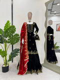 Ethenika Fine Velvet Golden Thread Embroidery work Velvet Kurti Sharara