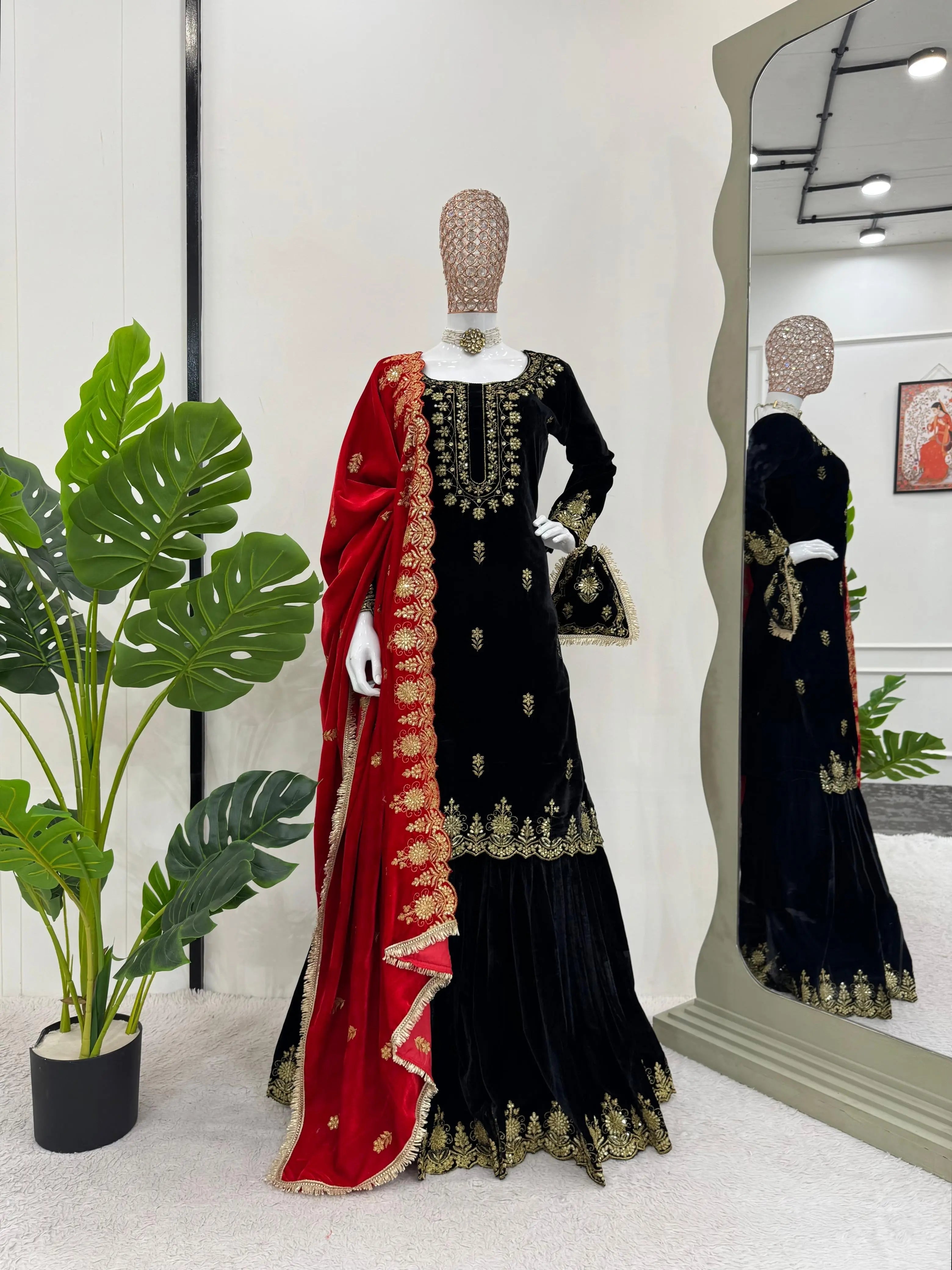 Ethenika Fine Velvet Golden Thread Embroidery work Velvet Kurti Sharara