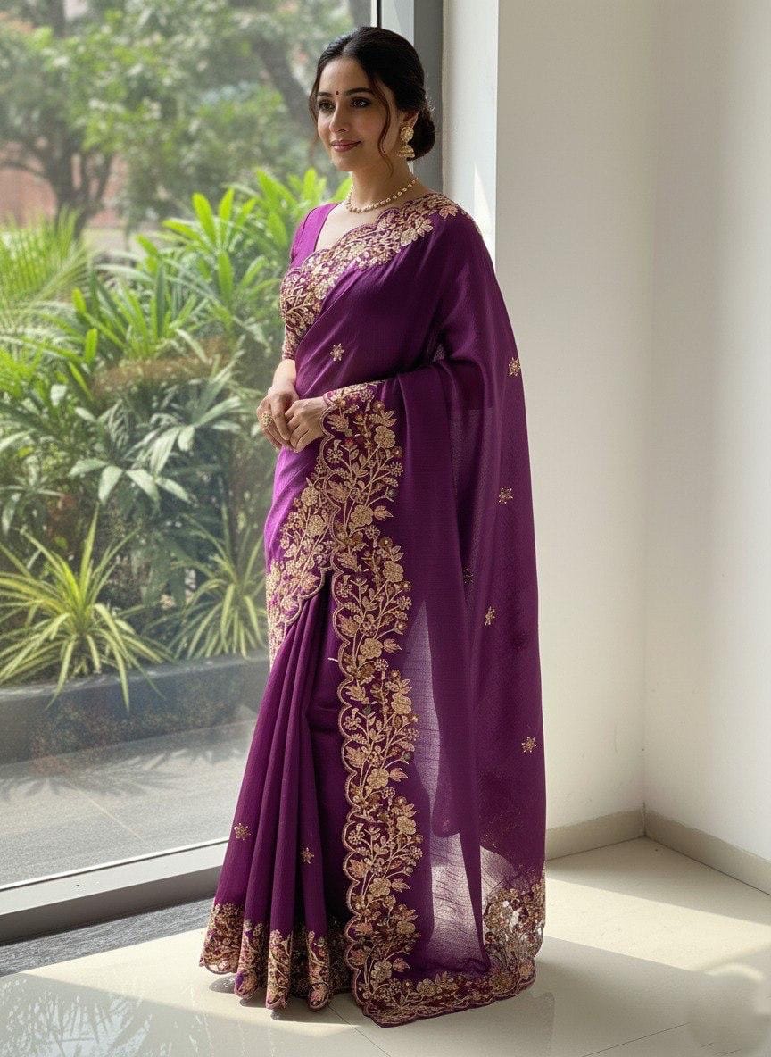 Soft Fendi Chiffone Embroidery Cut Work Designer Saree