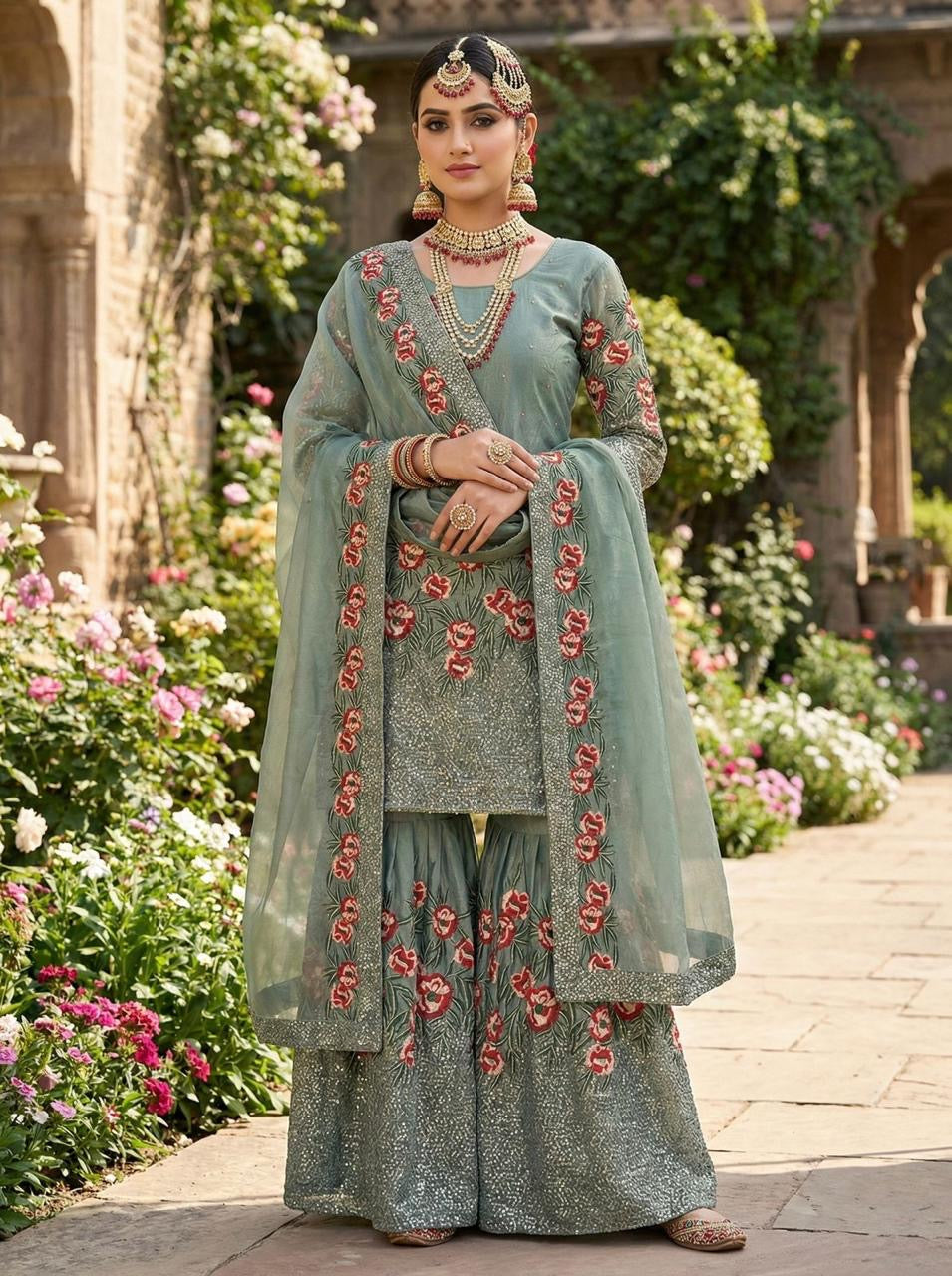 Fendy Silk Designer Kurti Sharara Dupatta Set for Eid