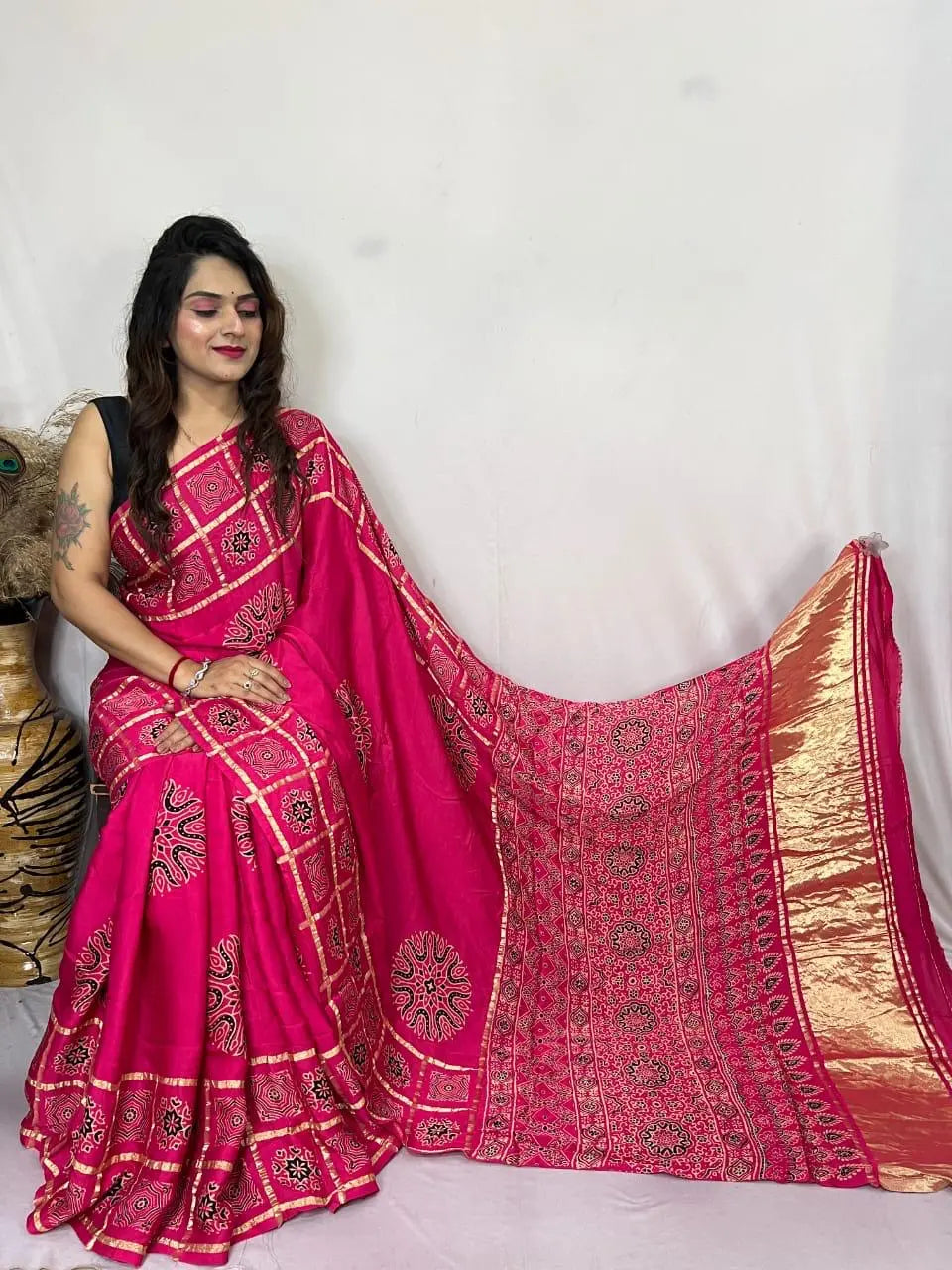 Modal Silk Original Hand Blocked Ajrakh work Lagdi Pallu Saree