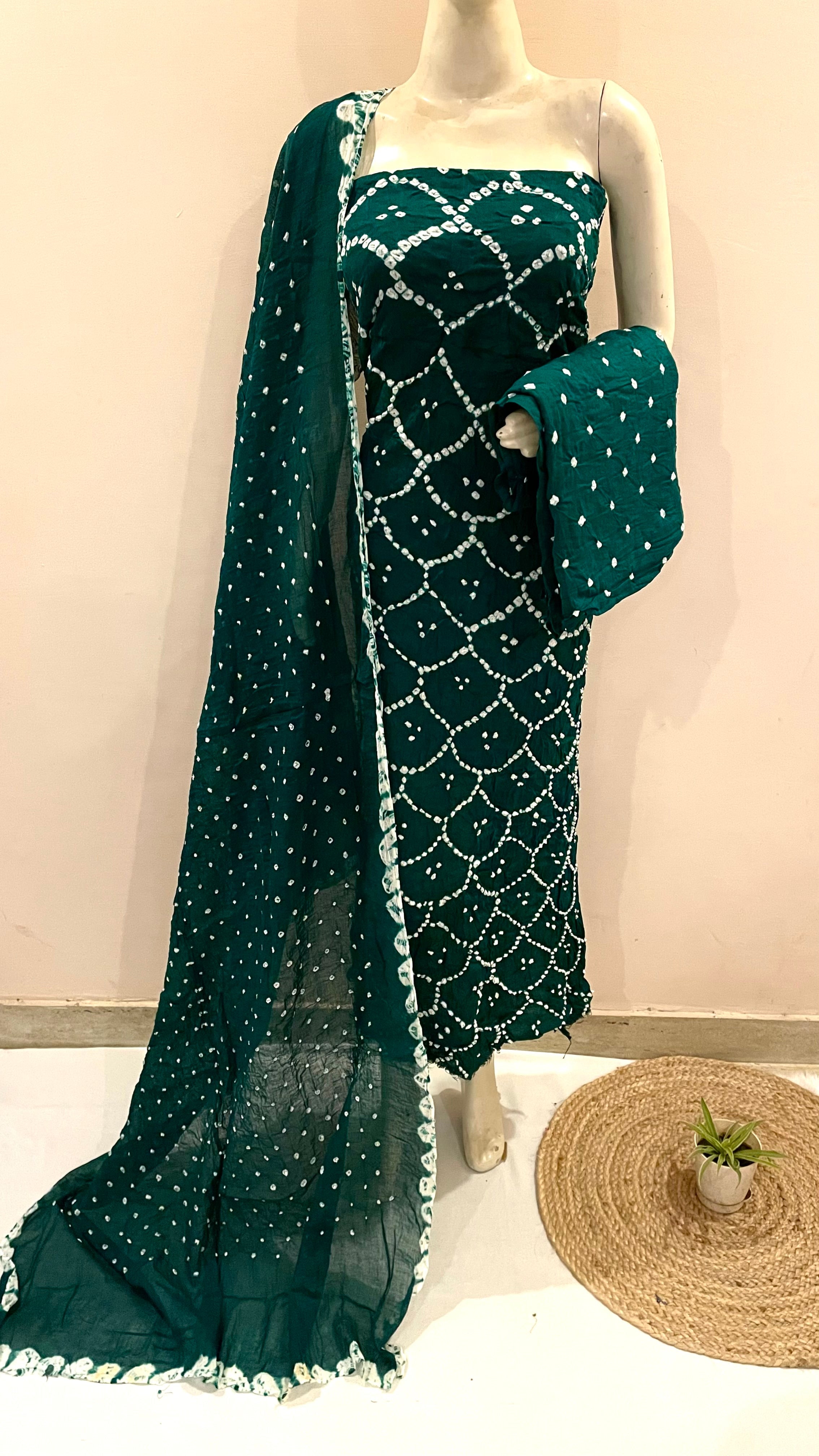 Cotton Satin Self Color Ethenika Cotton Bandhani Dress Material