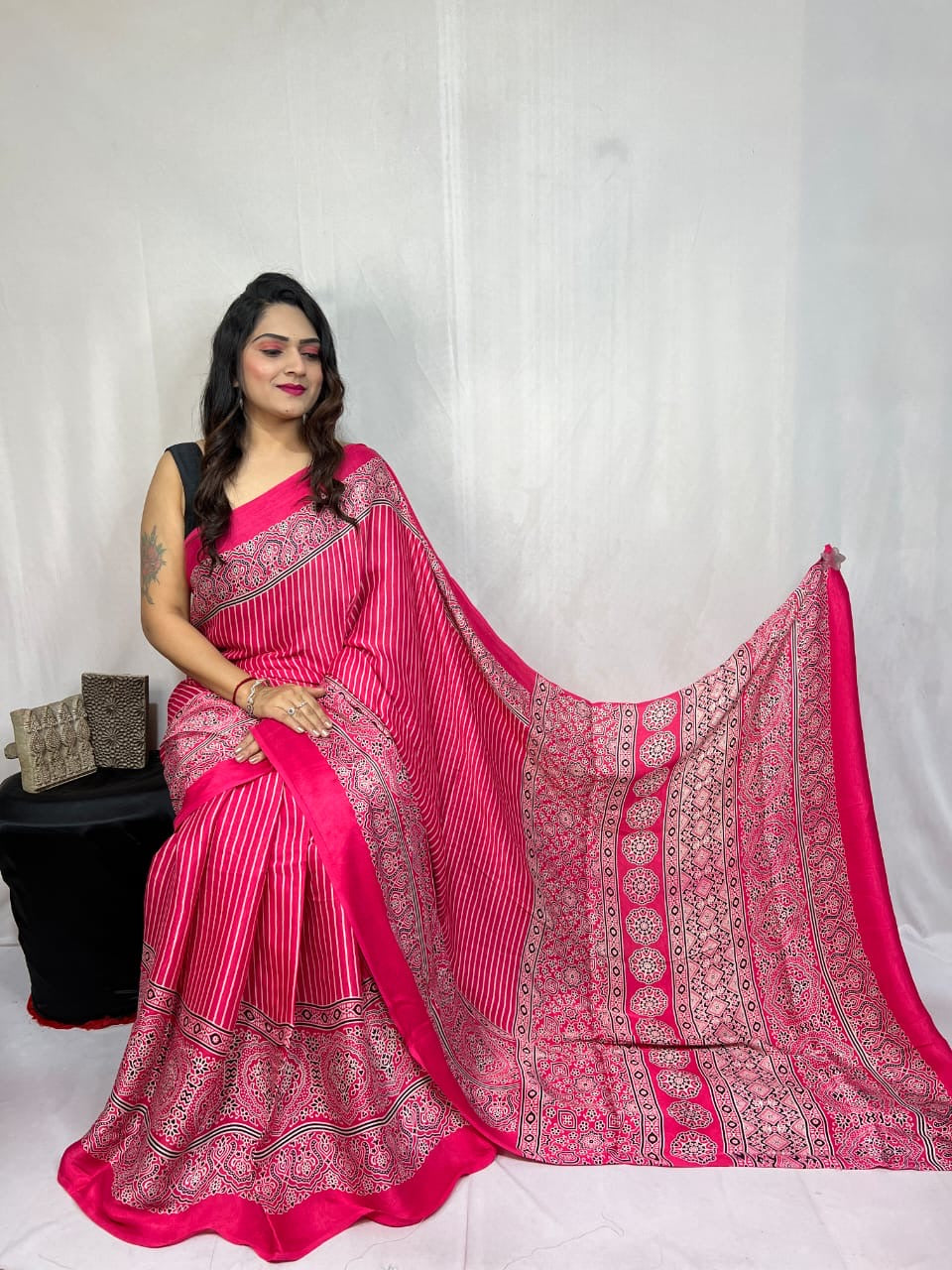 Modal Silk Authentic Hand Blocked Ajrakh work Saree