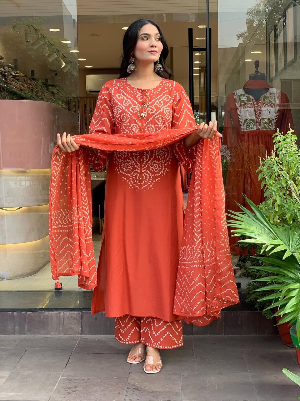 Ethenika Trending Mirror Work Bandhani 3Pc Kurti Pant Dupatta Set