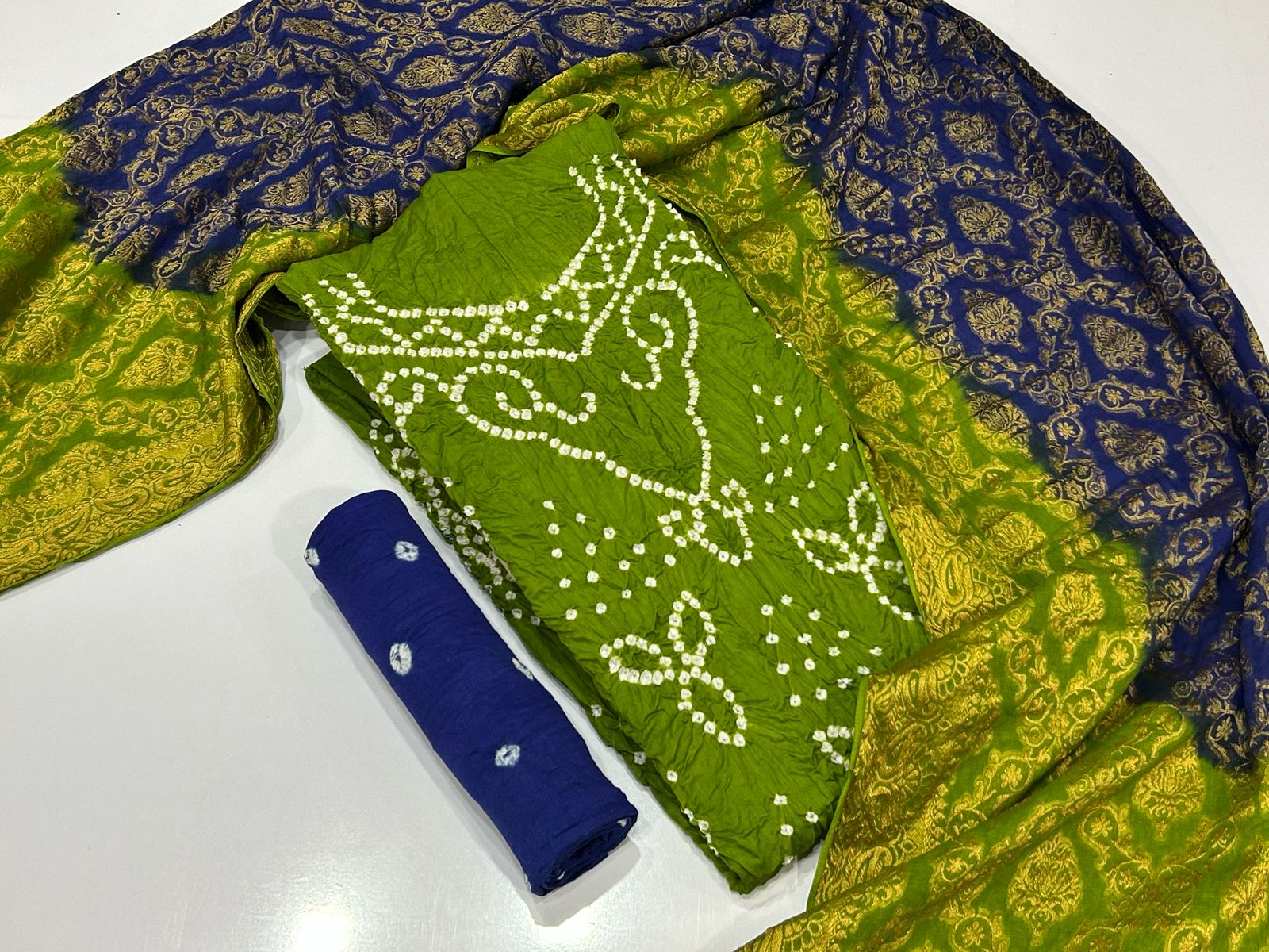 Cotton Satin Barik Bandhej work Authentic Jamnagar Bandhani Dress Material (Unstitched)