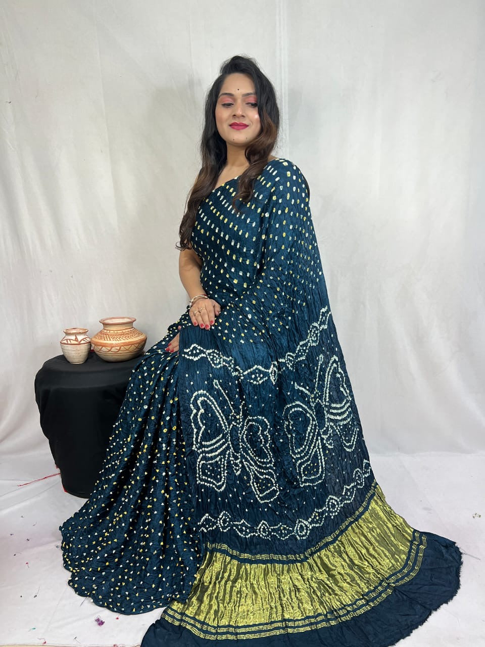 Modal Silk Heavy Barik Bandhej work Silk Bandhani Saree