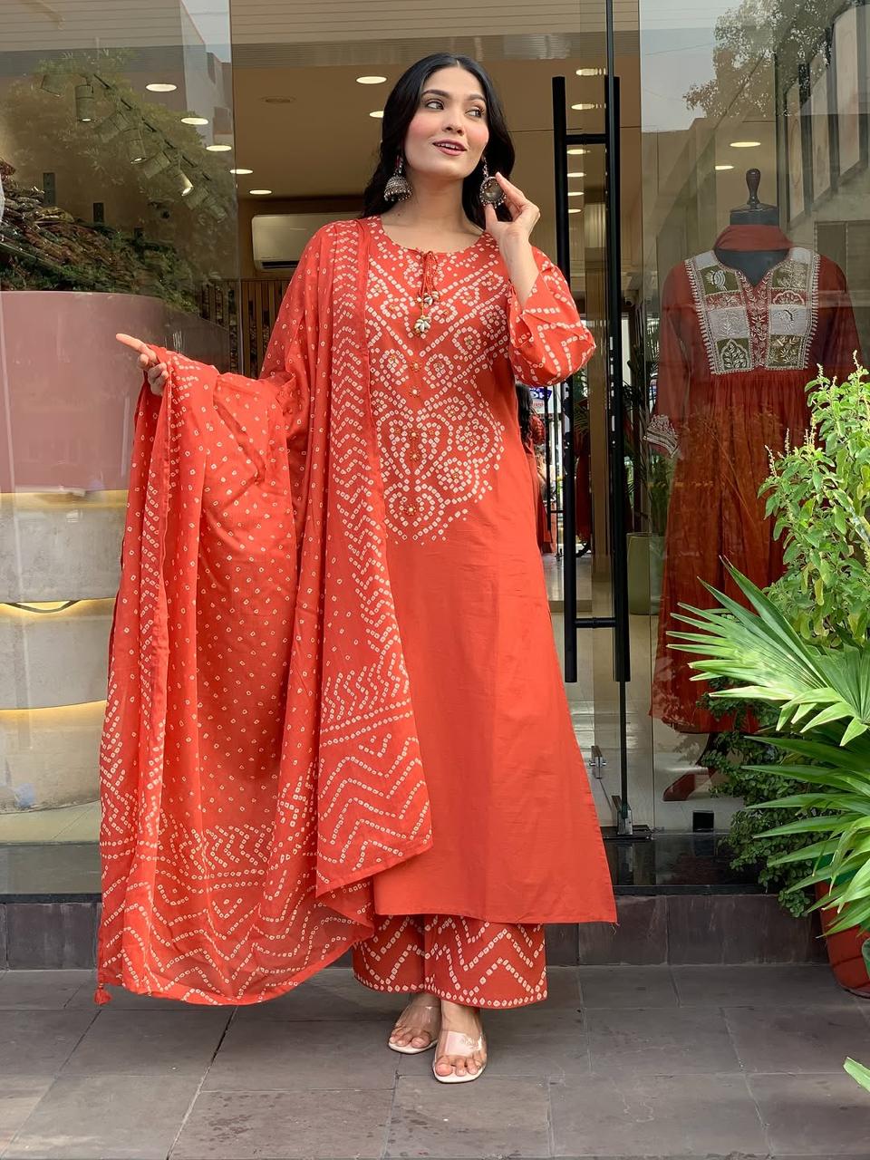 Ethenika Trending Mirror Work Bandhani 3Pc Kurti Pant Dupatta Set