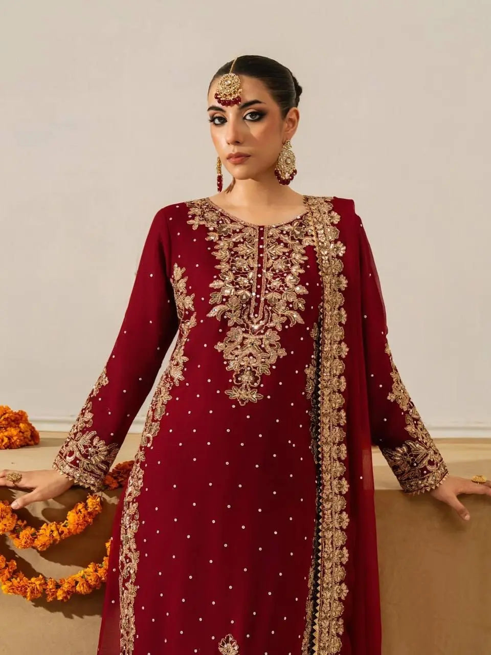 Eid Special Designer Moti with Embroidery Work Kurti Sharara Dupatta Set (Ready to Wear)