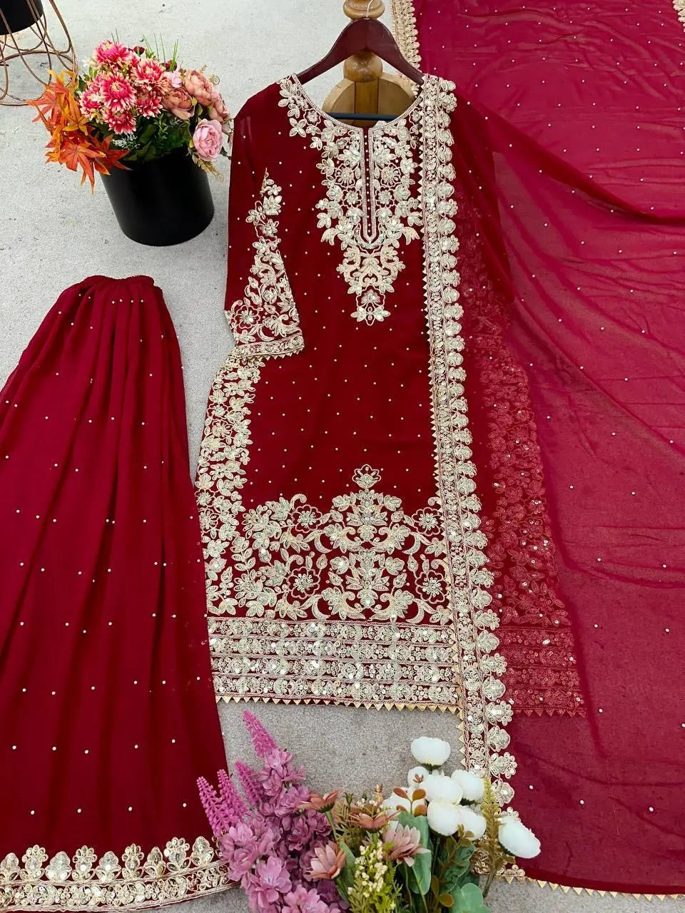 Eid Special Designer Moti with Embroidery Work Kurti Sharara Dupatta Set (Ready to Wear)