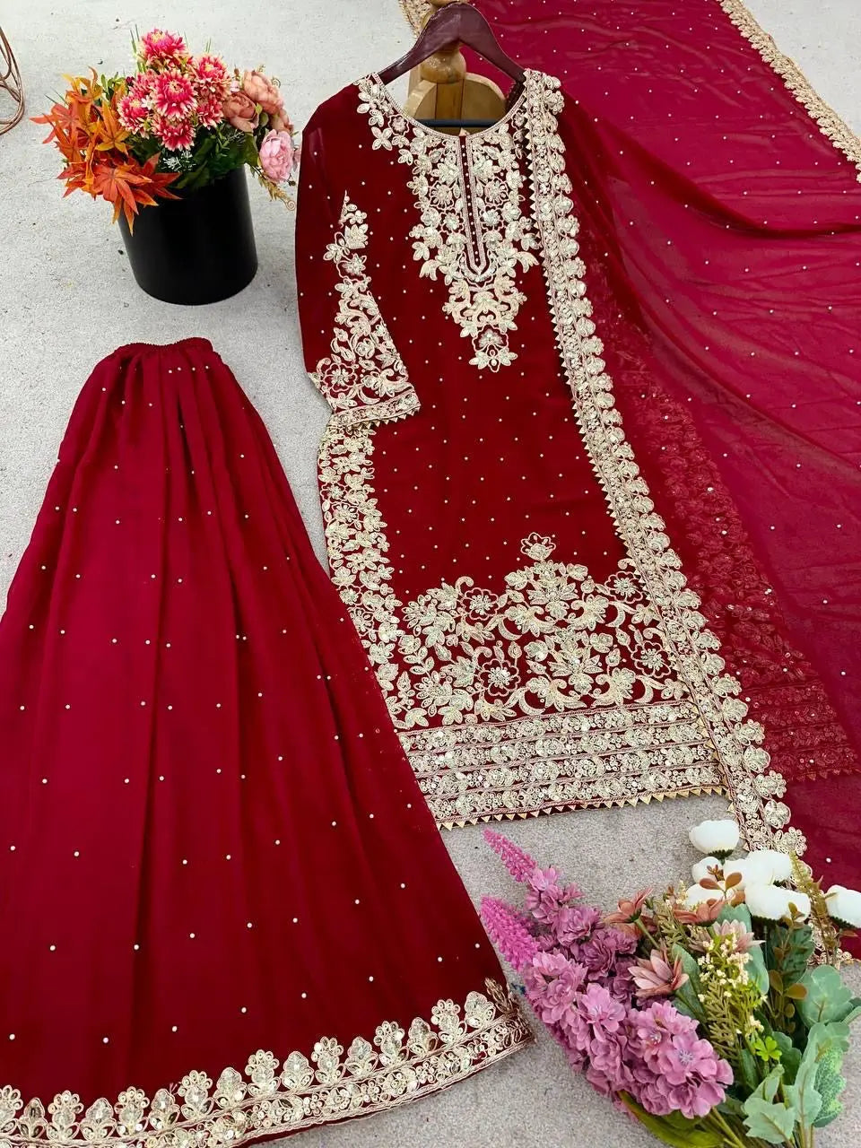 Eid Special Designer Moti with Embroidery Work Kurti Sharara Dupatta Set (Ready to Wear)