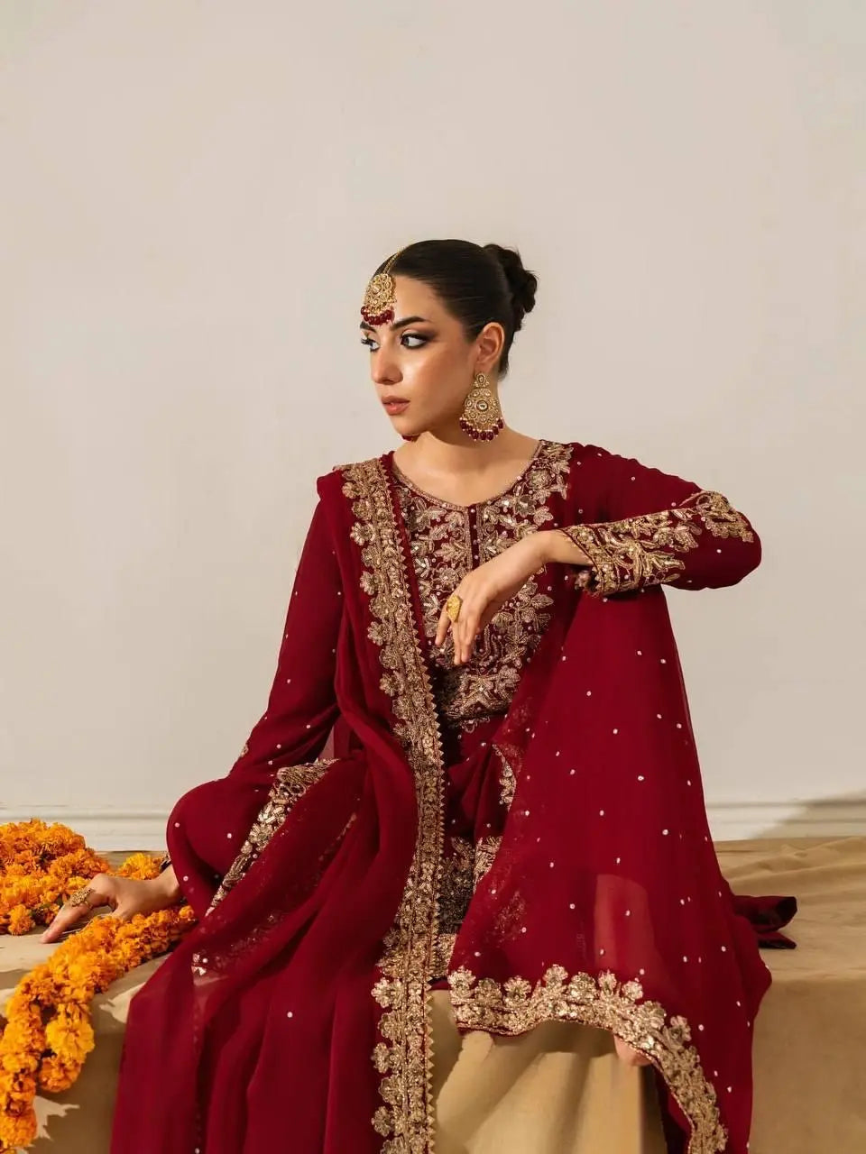 Eid Special Designer Moti with Embroidery Work Kurti Sharara Dupatta Set (Ready to Wear)