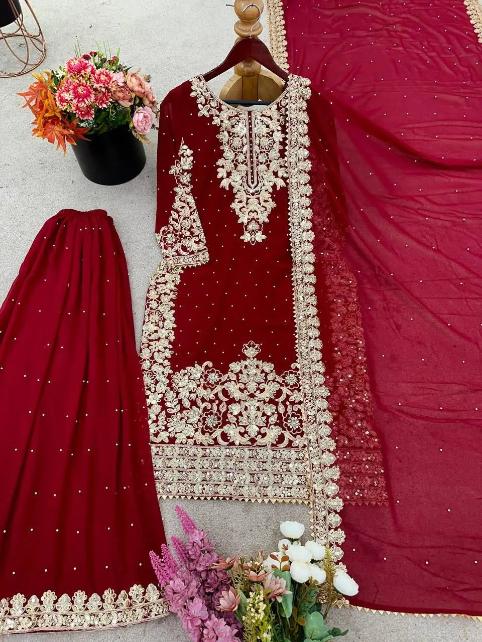 Eid Special Designer Moti with Embroidery Work Kurti Sharara Dupatta Set (Ready to Wear)