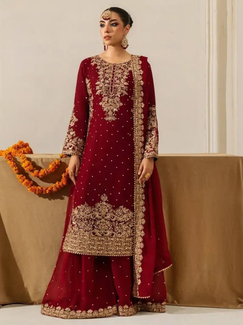 Eid Special Designer Moti with Embroidery Work Kurti Sharara Dupatta Set (Ready to Wear)