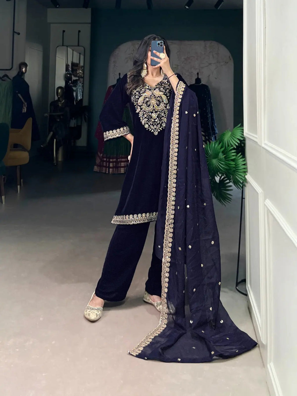 Ethenika Authentic Sequence Embroidery Work Designer Velvet Kurti Pant Dupatta Set (Ready to Wear)