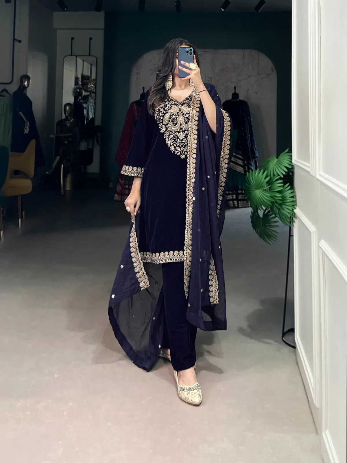 Ethenika Authentic Sequence Embroidery Work Designer Velvet Kurti Pant Dupatta Set (Ready to Wear)