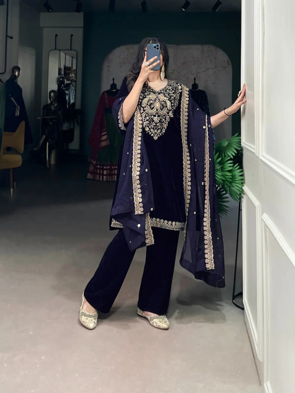 Ethenika Authentic Sequence Embroidery Work Designer Velvet Kurti Pant Dupatta Set (Ready to Wear)