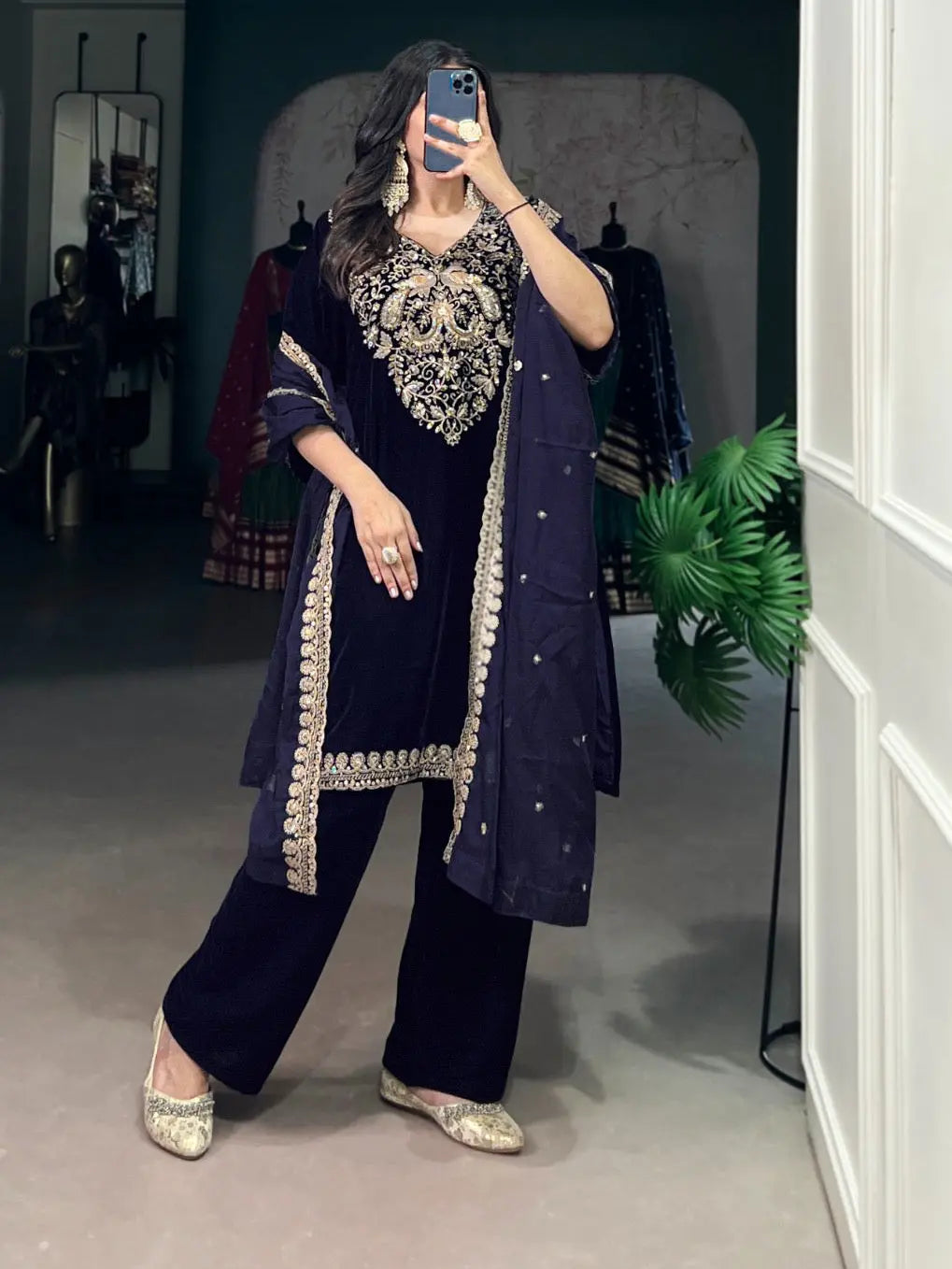 Ethenika Authentic Sequence Embroidery Work Designer Velvet Kurti Pant Dupatta Set (Ready to Wear)