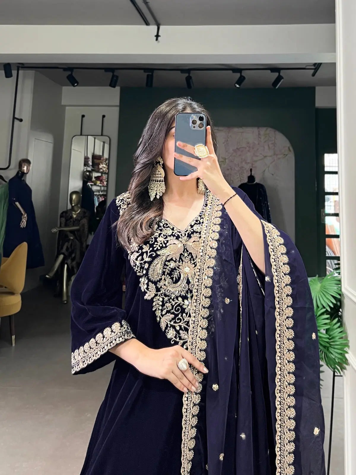 Ethenika Authentic Sequence Embroidery Work Designer Velvet Kurti Pant Dupatta Set (Ready to Wear)