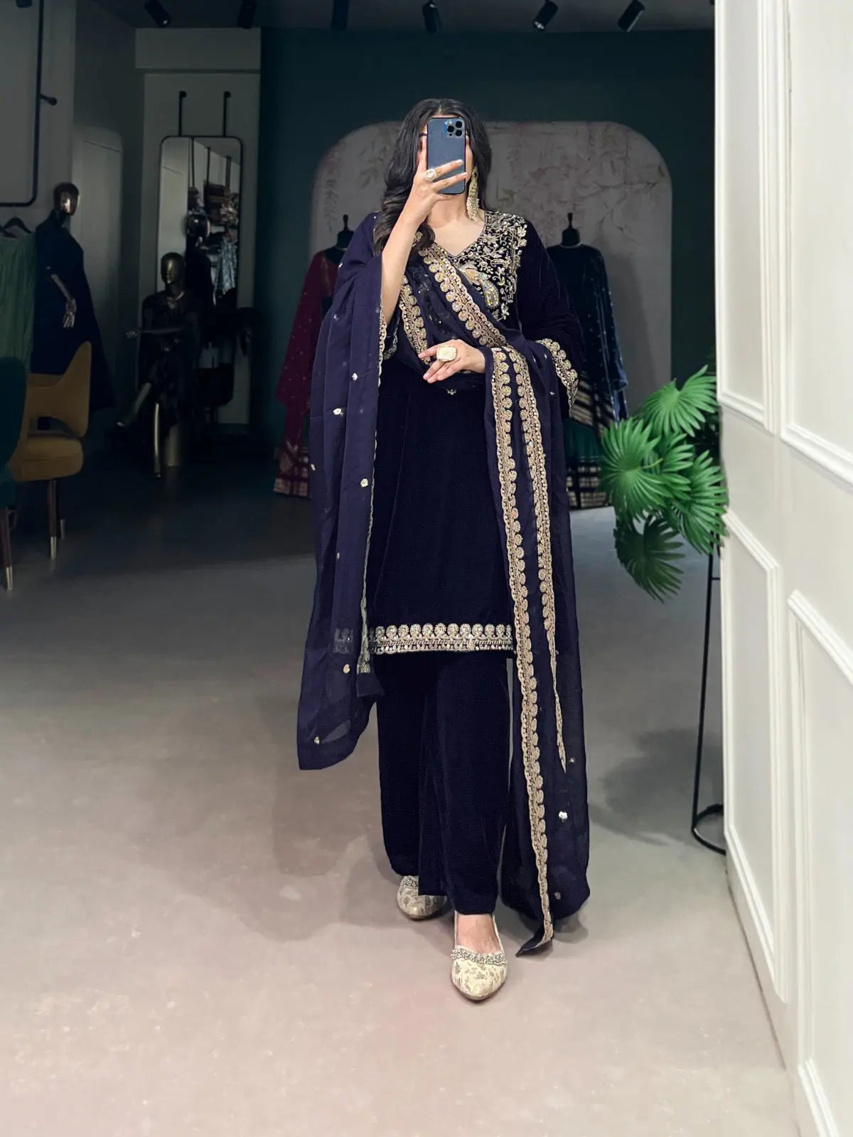 Ethenika Authentic Sequence Embroidery Work Designer Velvet Kurti Pant Dupatta Set (Ready to Wear)