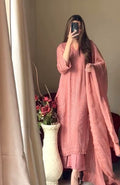 Ethenika Chinon Thread Embroidery Chikankari Work Kurti Pant Dupatta Set (Stitched)