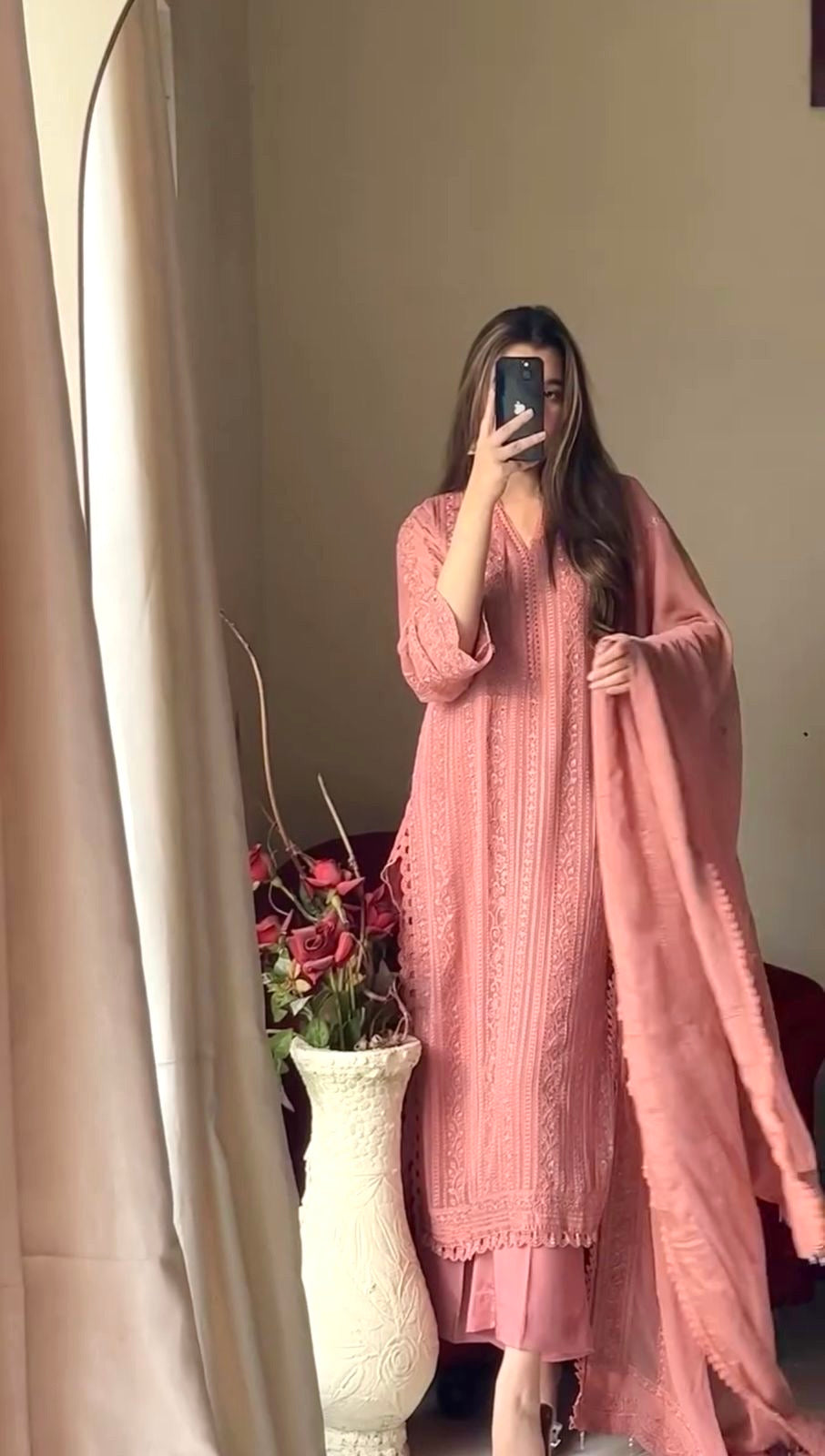 Ethenika Chinon Thread Embroidery Chikankari Work Kurti Pant Dupatta Set (Stitched)
