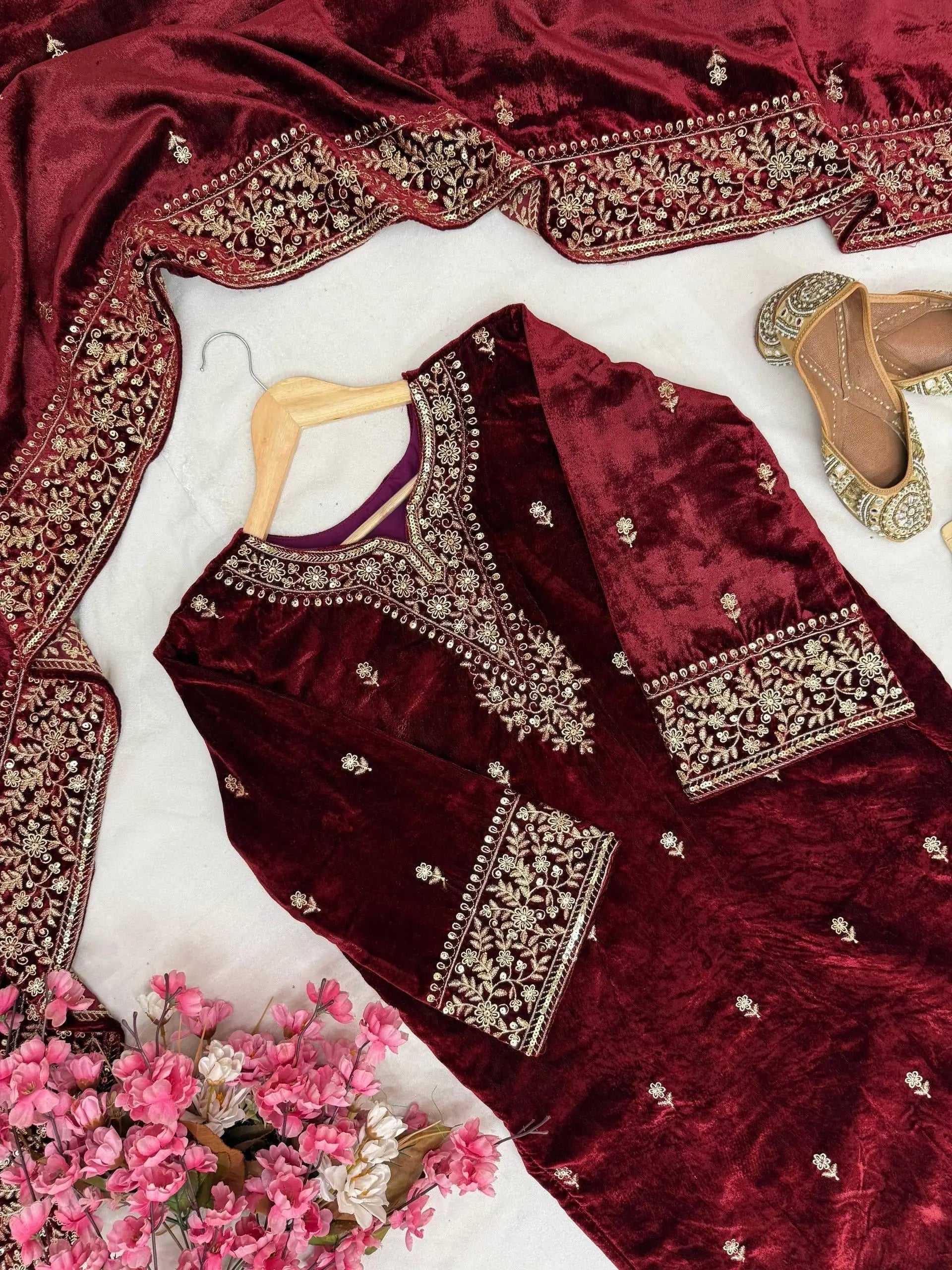 Ethenika Designer Embroidery Work Velvet Kurti Pant Dupatta Set (Ready to Wear)