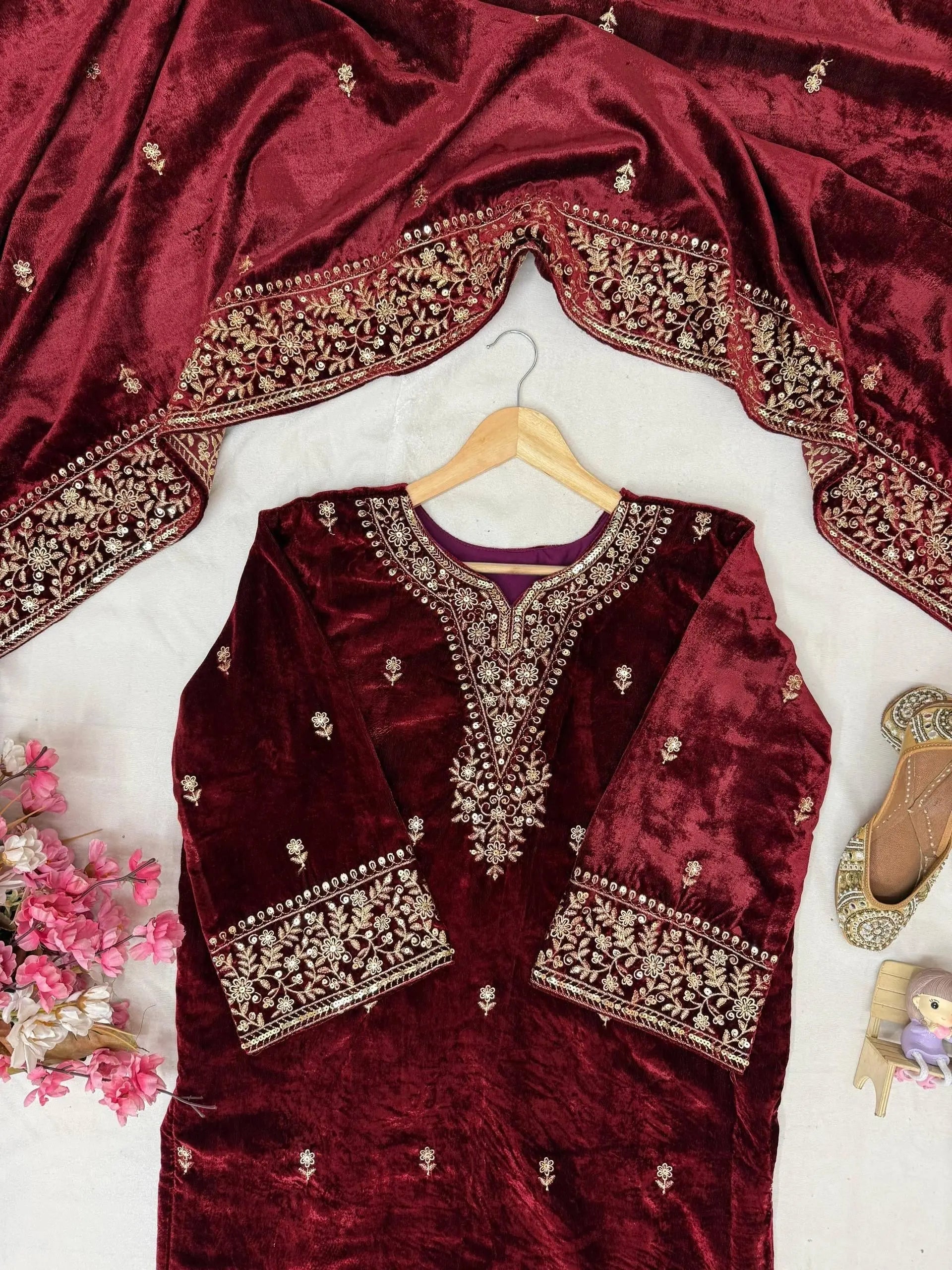 Ethenika Designer Embroidery Work Velvet Kurti Pant Dupatta Set (Ready to Wear)