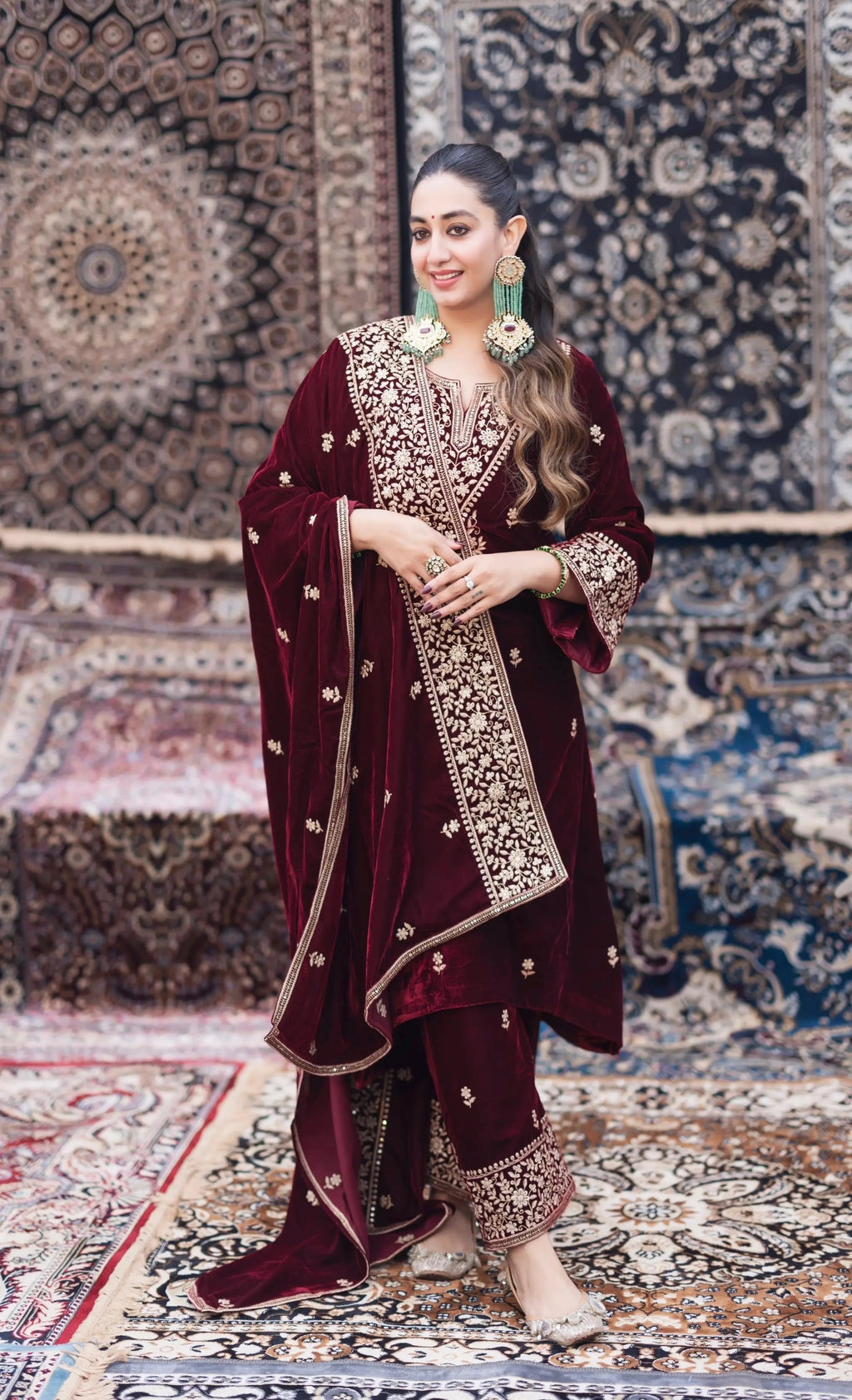 Ethenika Designer Embroidery Work Velvet Kurti Pant Dupatta Set (Ready to Wear)