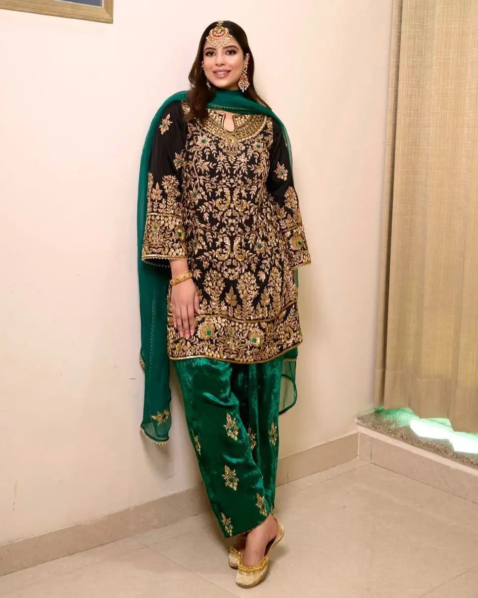 Ethenika Designer Sequence Embroidery Work Velvet Kurti Pant Dupatta Set (Ready To Wear)