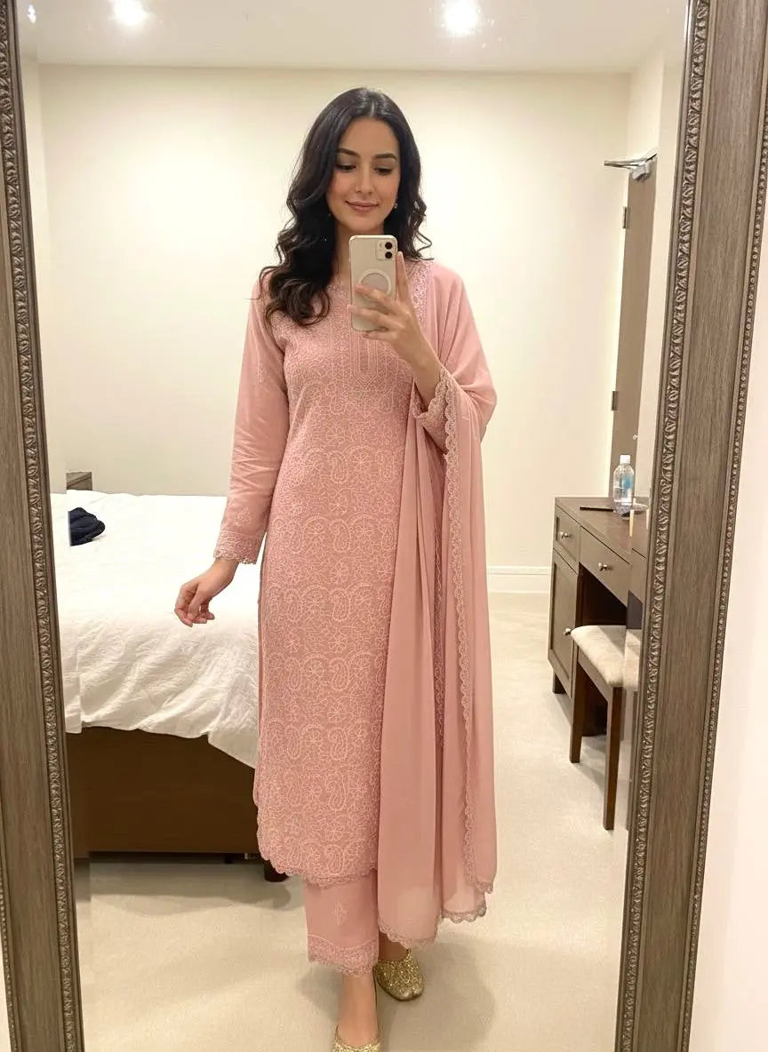 Ethenika Faux Georgette Chikankari Kurti Pant Dupatta