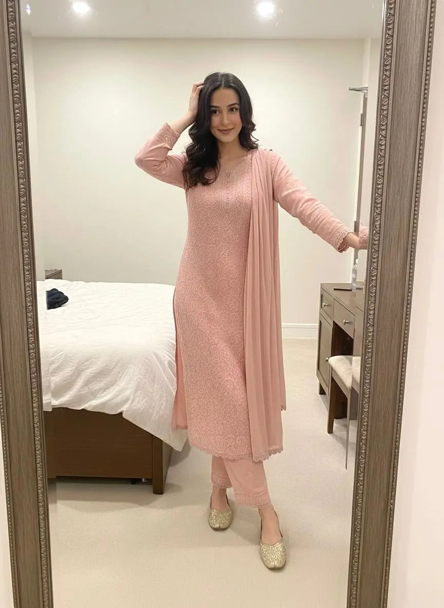 Ethenika Faux Georgette Chikankari Kurti Pant Dupatta
