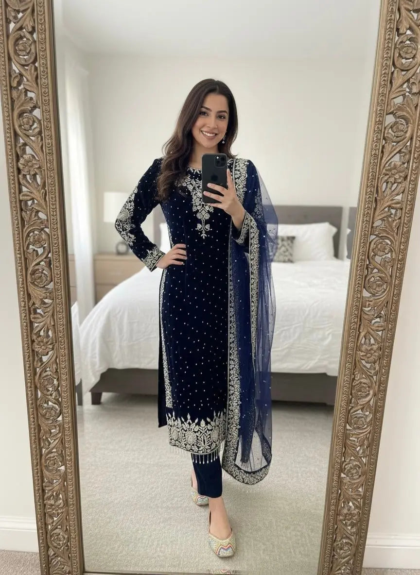 Ethenika Moti Work Designer Ready to Wear Velvet Kurti Pant Dupatta Set