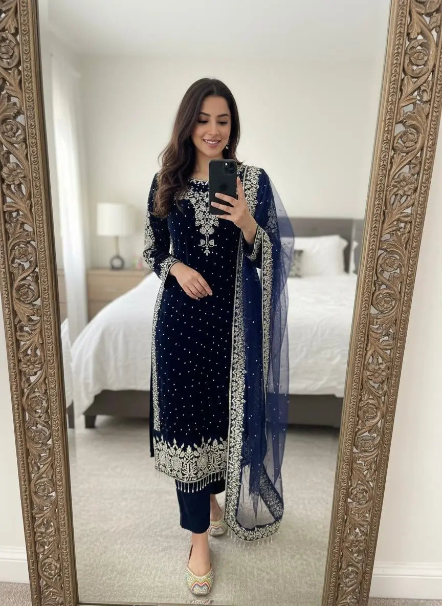 Ethenika Moti Work Designer Ready to Wear Velvet Kurti Pant Dupatta Set