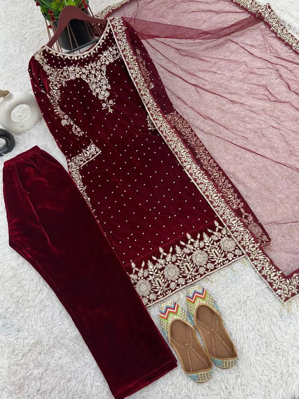 Ethenika Moti Work Designer Ready to Wear Velvet Kurti Pant Dupatta Set