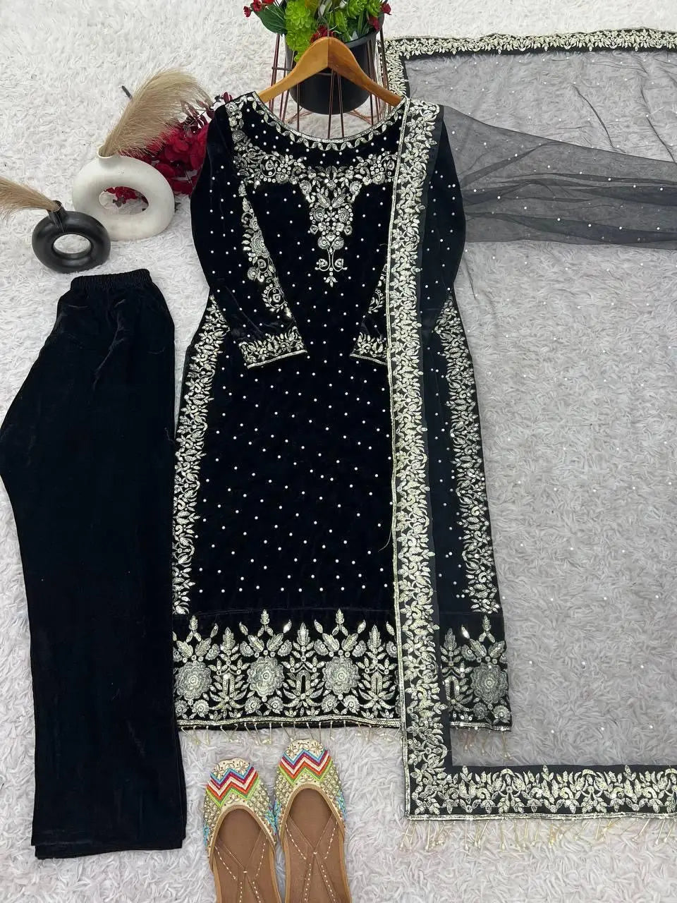 Ethenika Moti Work Designer Ready to Wear Velvet Kurti Pant Dupatta Set