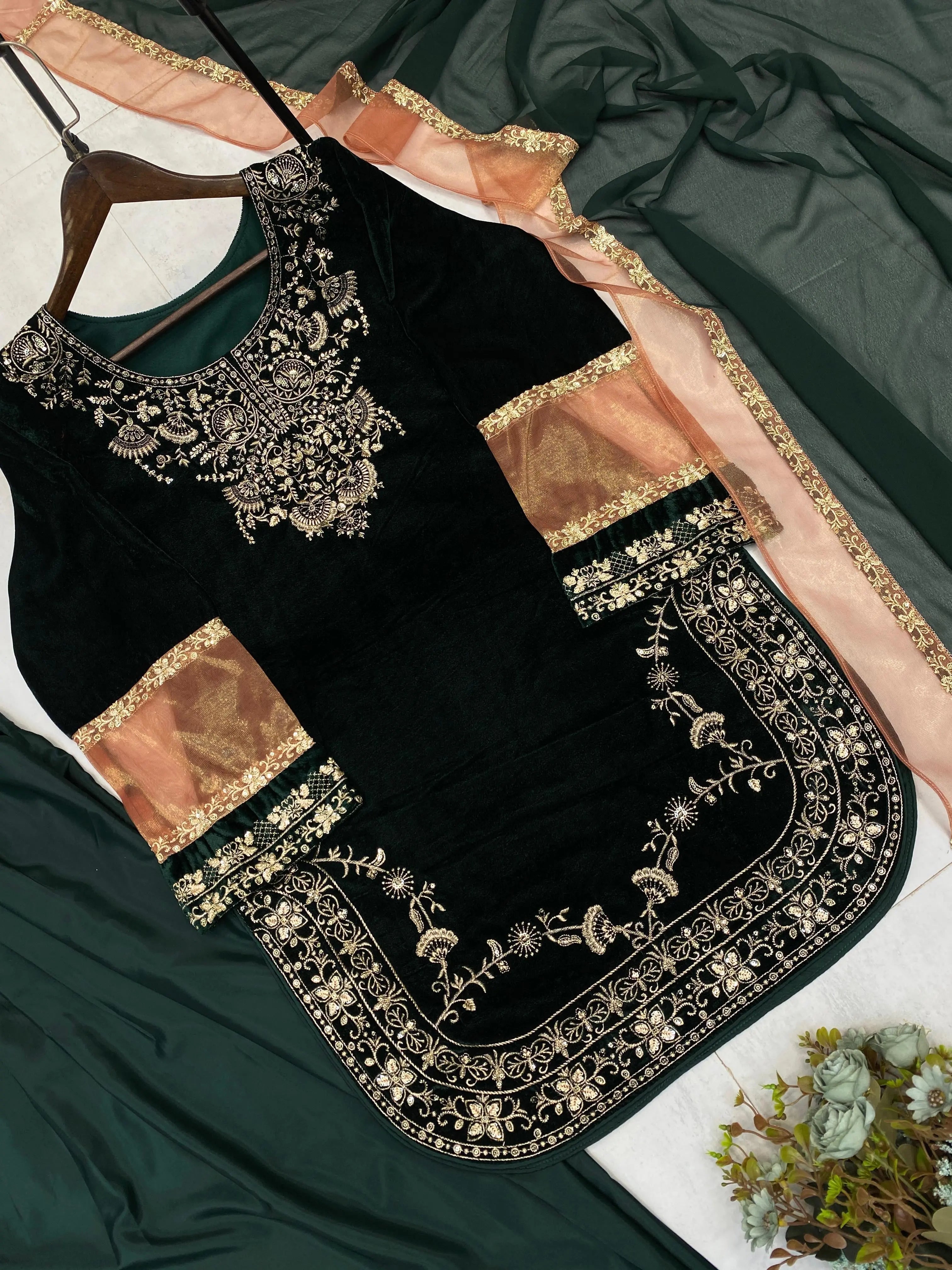 Ethenika Original Sequence Embroidery Work Designer Party Wear Velvet Kurti Pant Dupatta Set (Ready To Wear)