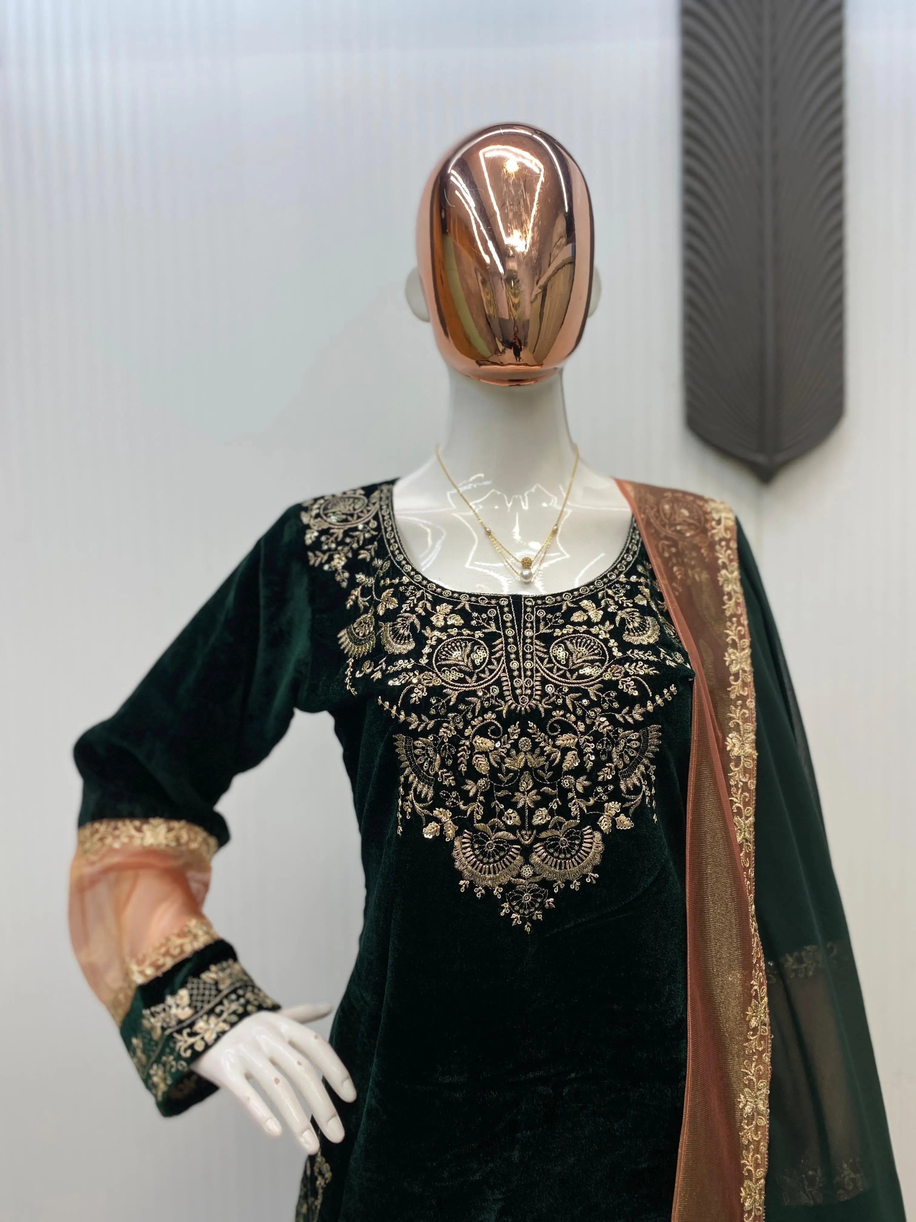 Ethenika Original Sequence Embroidery Work Designer Party Wear Velvet Kurti Pant Dupatta Set (Ready To Wear)