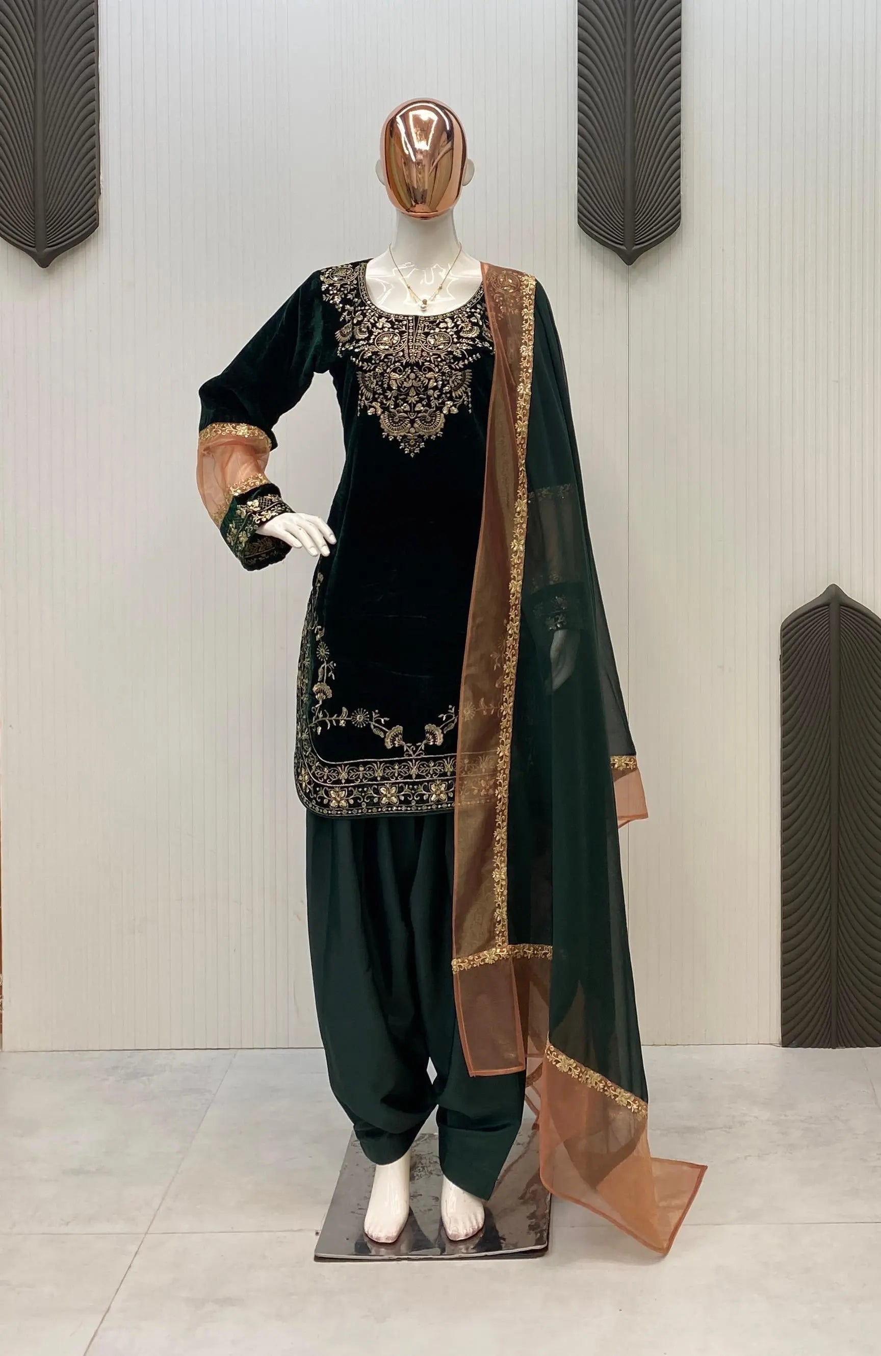 Ethenika Original Sequence Embroidery Work Designer Party Wear Velvet Kurti Pant Dupatta Set (Ready To Wear)