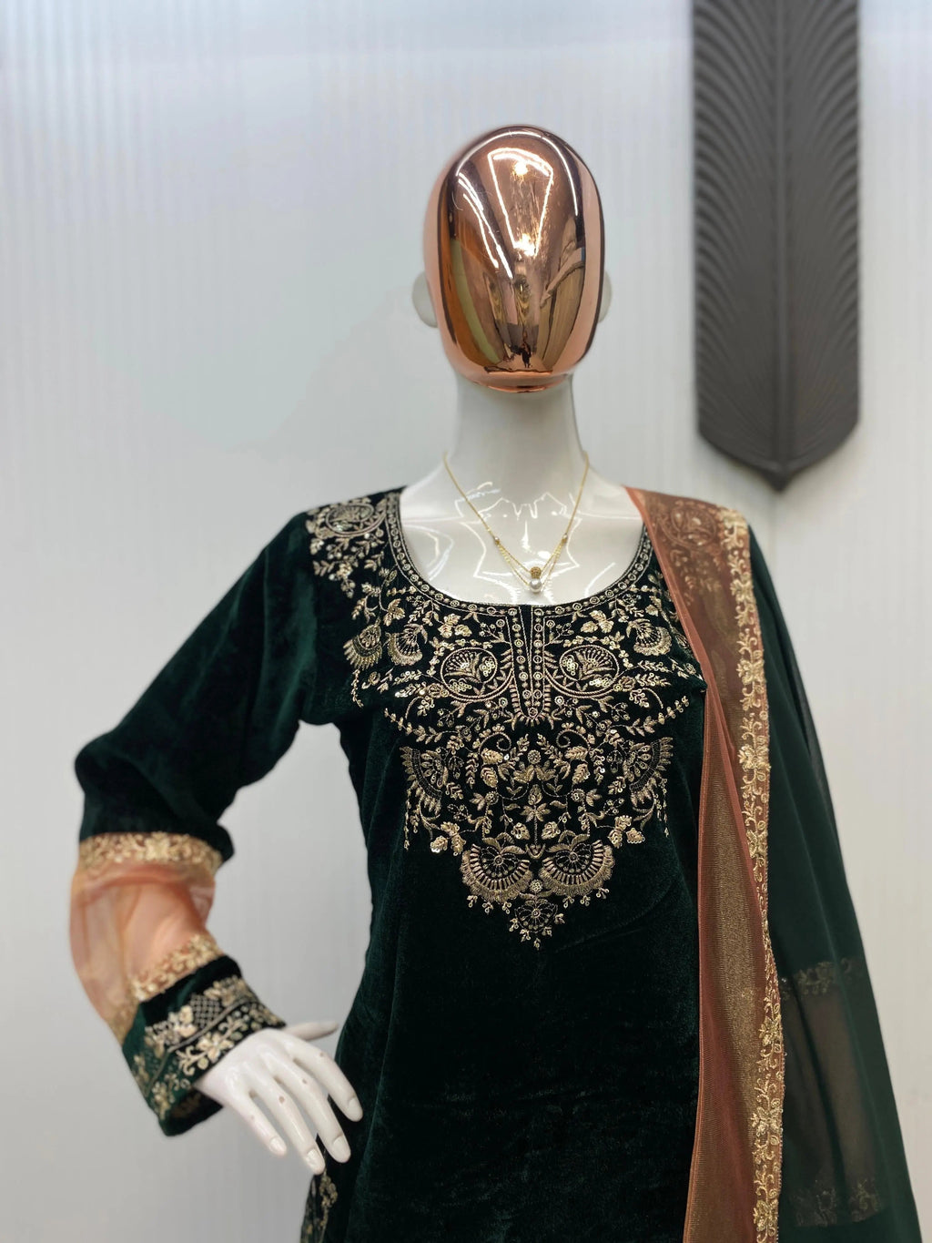 Ethenika Original Sequence Embroidery Work Designer Party Wear Velvet Kurti Pant Dupatta Set (Ready To Wear)