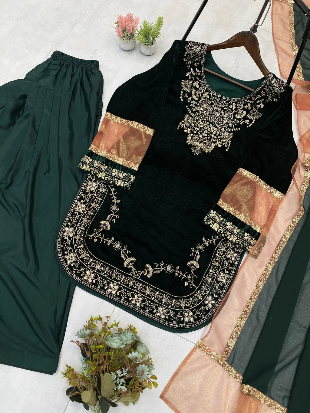 Ethenika Original Sequence Embroidery Work Designer Party Wear Velvet Kurti Pant Dupatta Set (Ready To Wear)