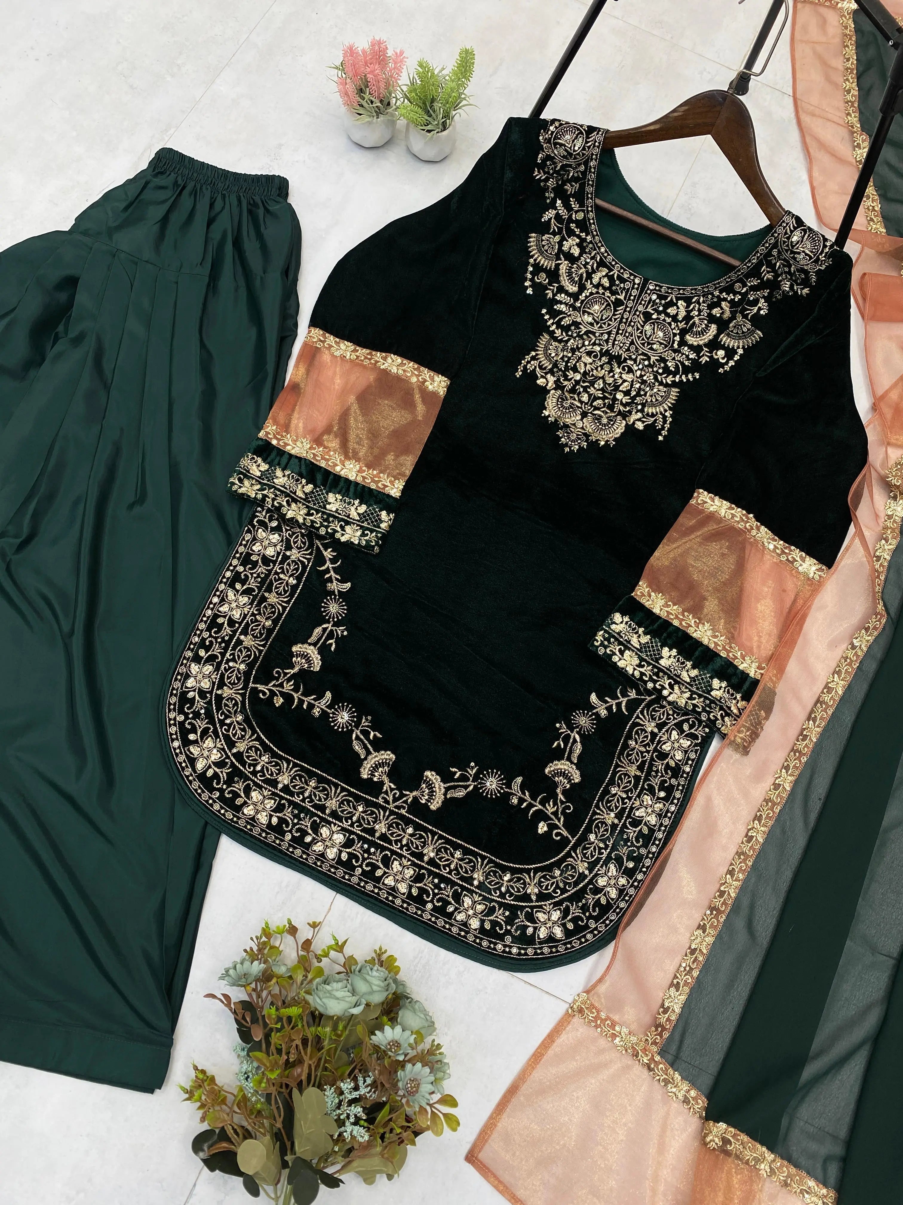 Ethenika Original Sequence Embroidery Work Designer Party Wear Velvet Kurti Pant Dupatta Set (Ready To Wear)