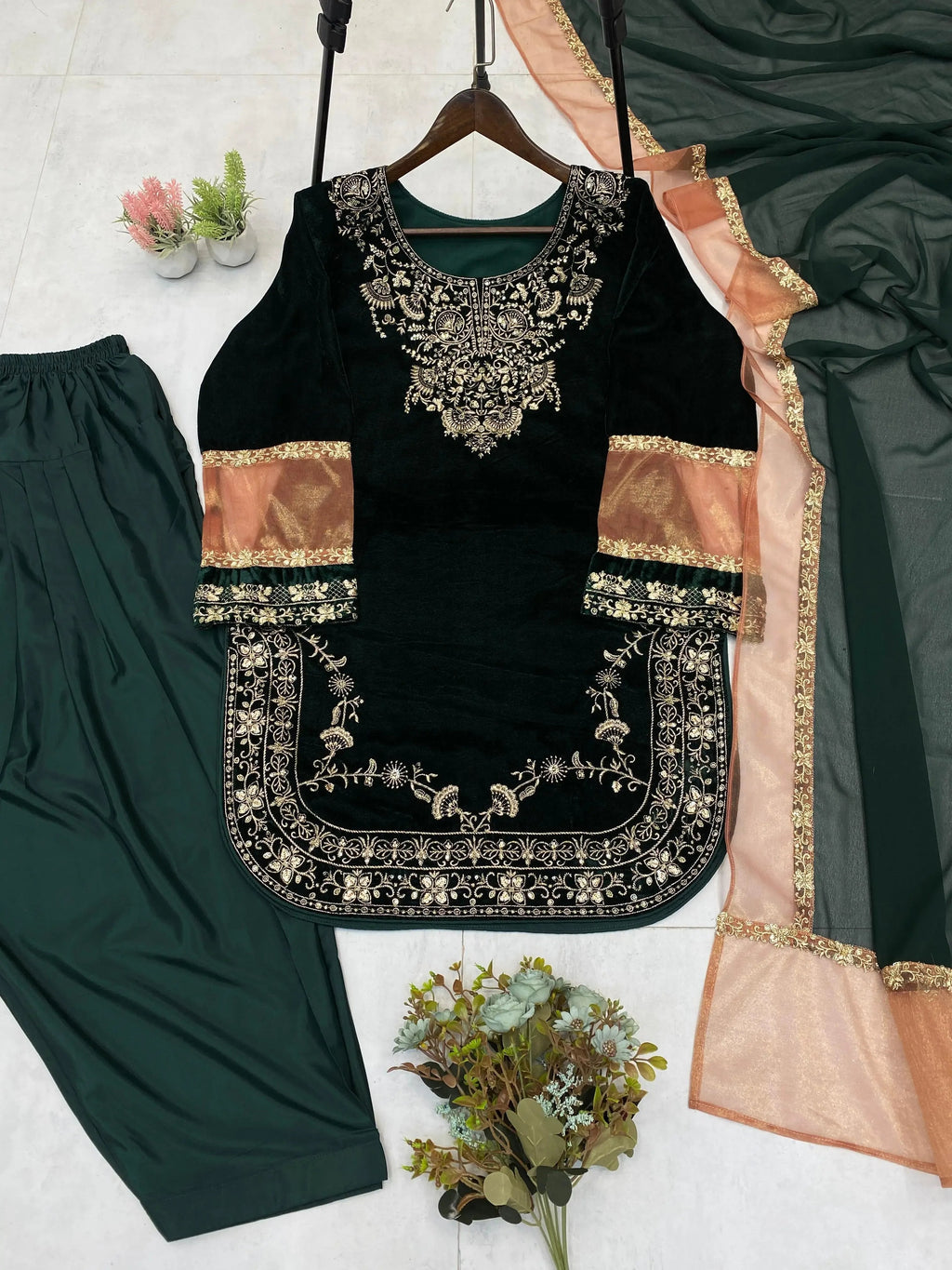 Ethenika Original Sequence Embroidery Work Designer Party Wear Velvet Kurti Pant Dupatta Set (Ready To Wear)