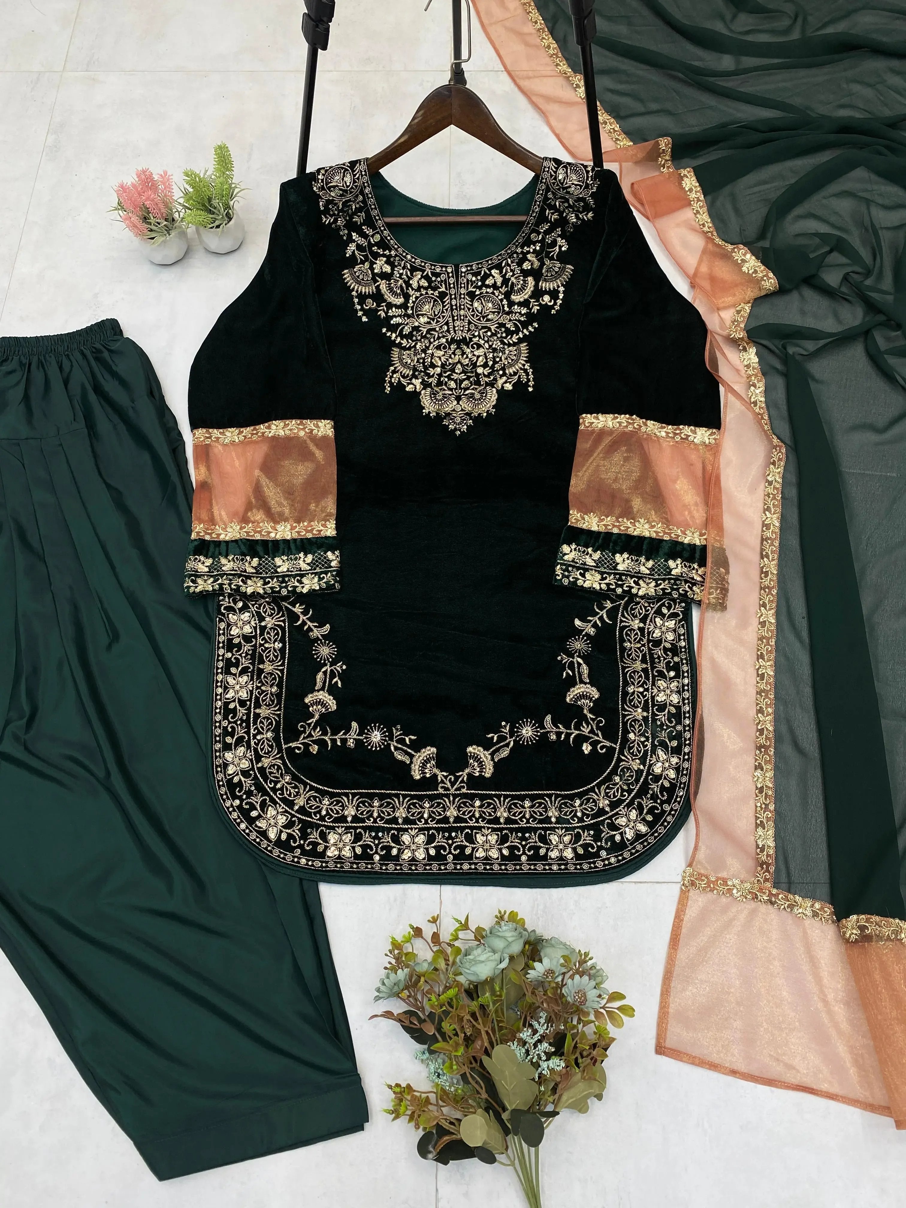 Ethenika Original Sequence Embroidery Work Designer Party Wear Velvet Kurti Pant Dupatta Set (Ready To Wear)